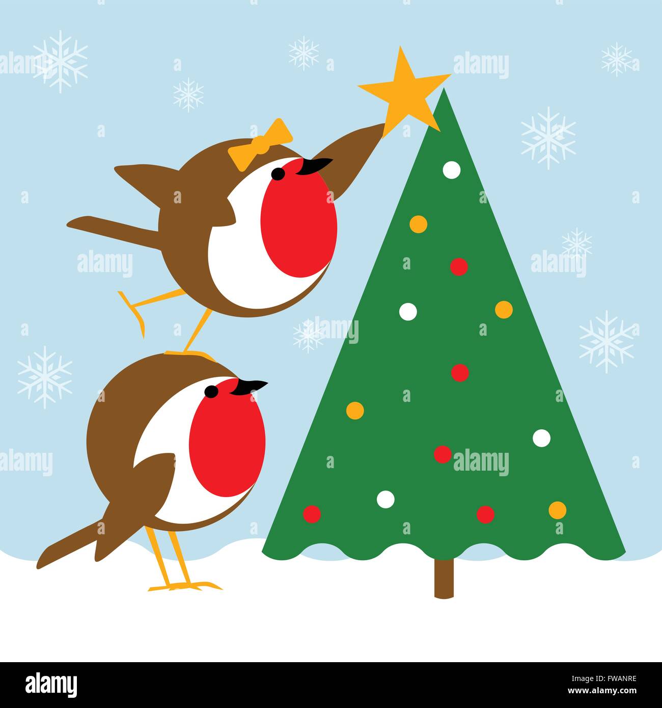 Scena di natale con graziosi robins posizionando una stella sulla cima di un albero di Natale. Scena invernale con neve sul terreno e luci festose nella struttura ad albero. Illustrazione Vettoriale