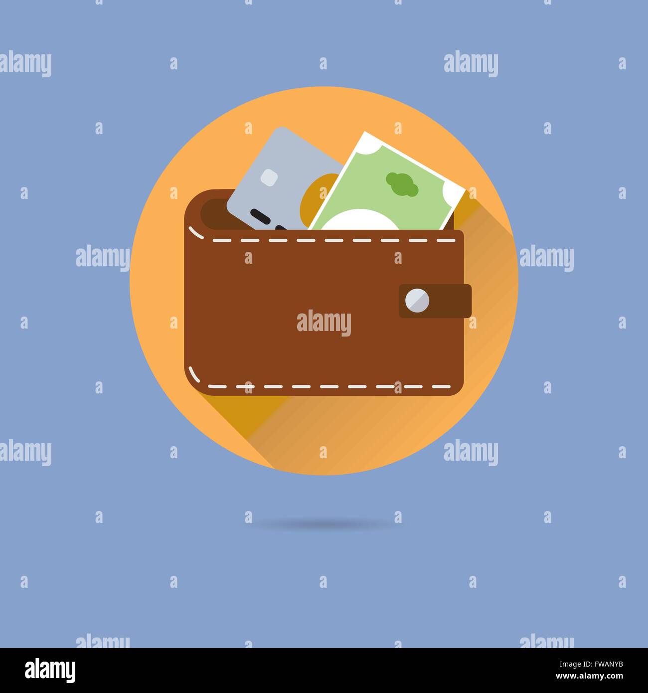 Portafoglio con carta di credito e carta moneta Design piatto lungo ombra icona Vettore Illustrazione Vettoriale