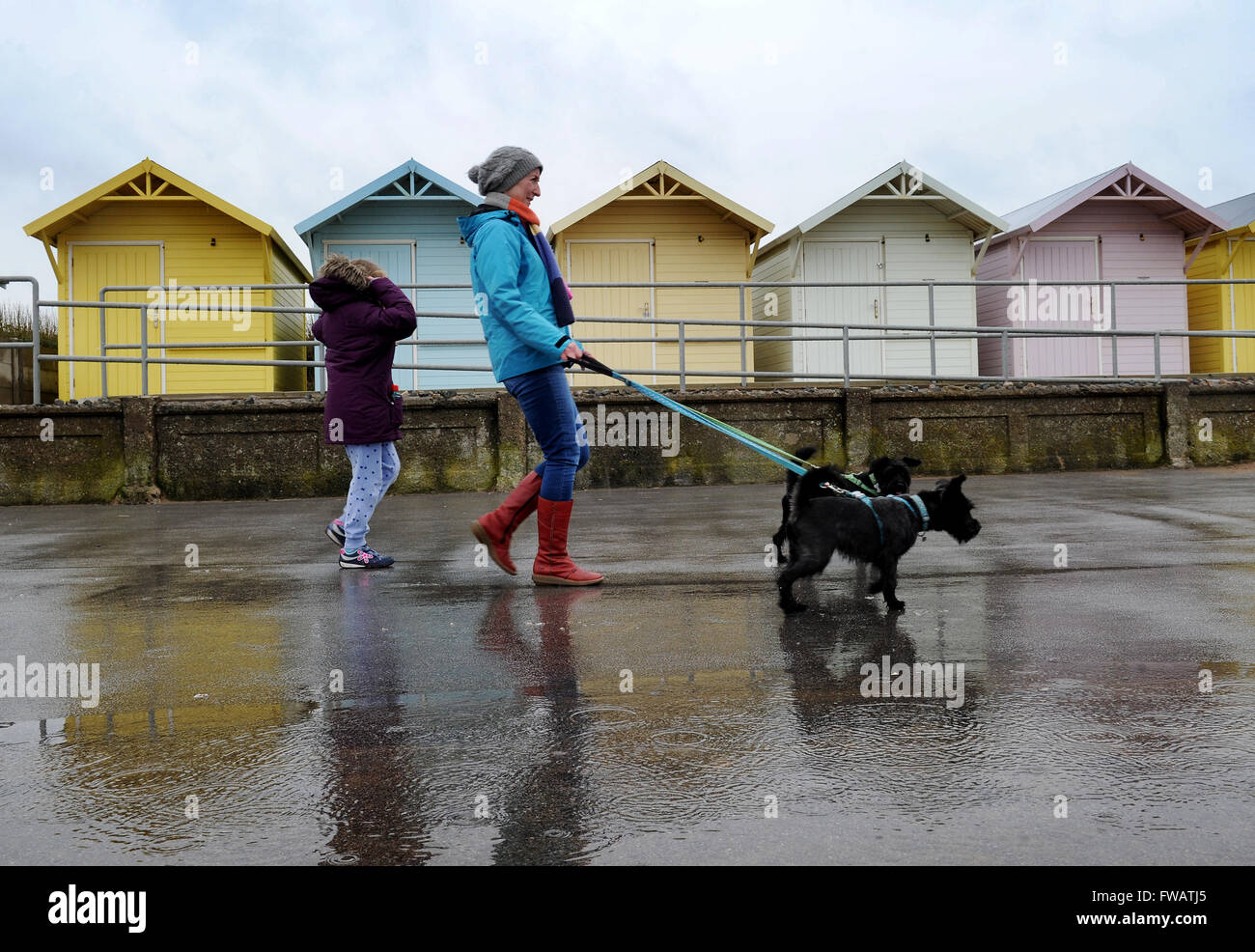 Fleetwood, nel Lancashire, Regno Unito. Il 2 aprile 2016. Aprile docce mettere un ammortizzatore sul weekend walkers a Fleetwood, nel Lancashire. Foto di Paolo Heyes, sabato 2 aprile 2016. Credito: Paolo Heyes/Alamy Live News Foto Stock