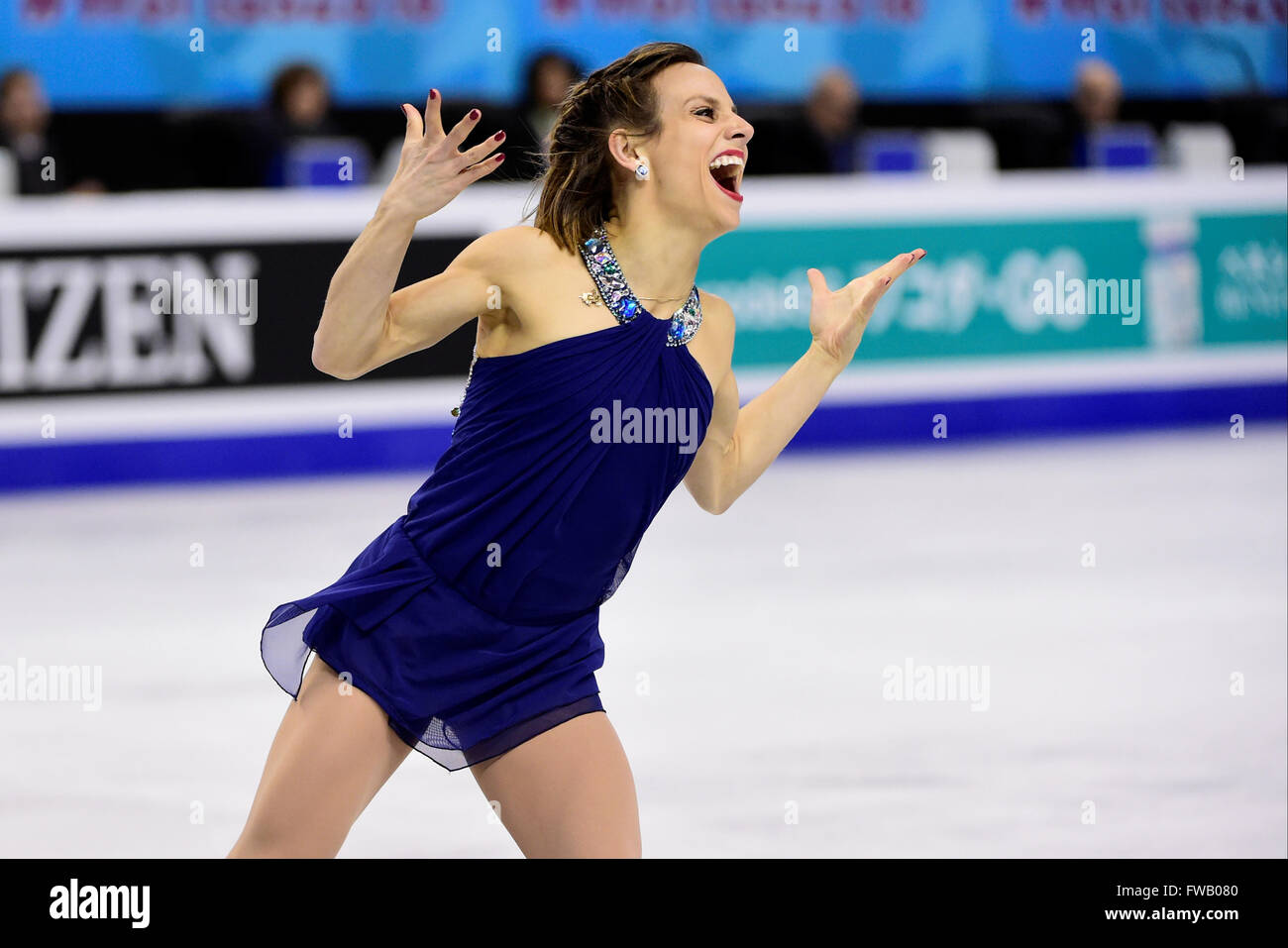 Sabato, 2 Aprile 2016: Meagan Duhamel e Eric Radford (CAN) pattino in coppie di Free Skate programma presso il pattinaggio internazionale europea del campionato mondiale tenutosi a TD Garden di Boston, Massachusetts. Duhamel e Radford vincere il 2016 ISU WORLD Pattinaggio di Figura coppie campionato. Eric Canha/CSM Foto Stock