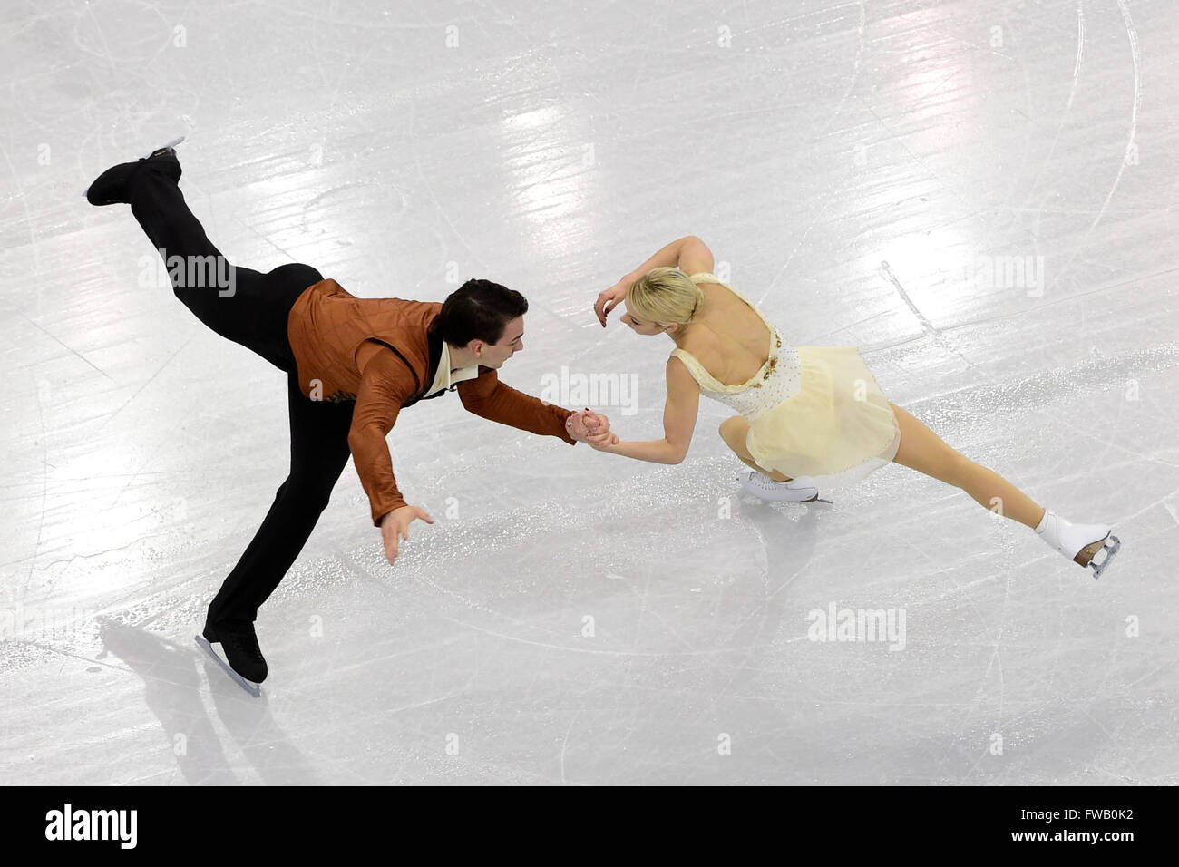 Sabato, 2 Aprile 2016: Alexa Scimeca e Chris Knierim (USA) pattino in coppie di Free Skate programma presso il pattinaggio internazionale europea del campionato mondiale tenutosi a TD Garden di Boston, Massachusetts. Eric Canha/CSM Foto Stock