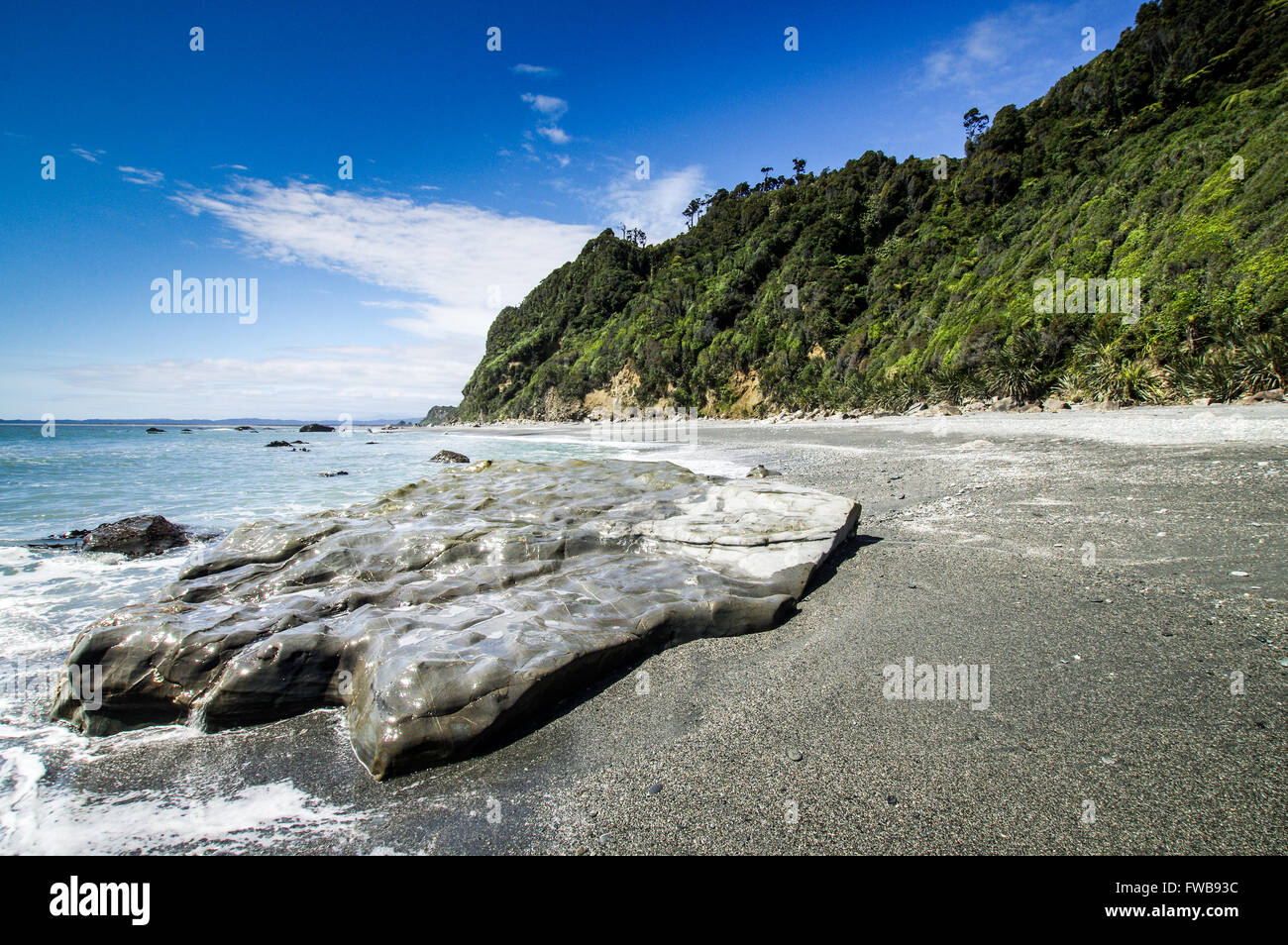 Spiaggia di Okarito, Nuova Zelanda Foto Stock