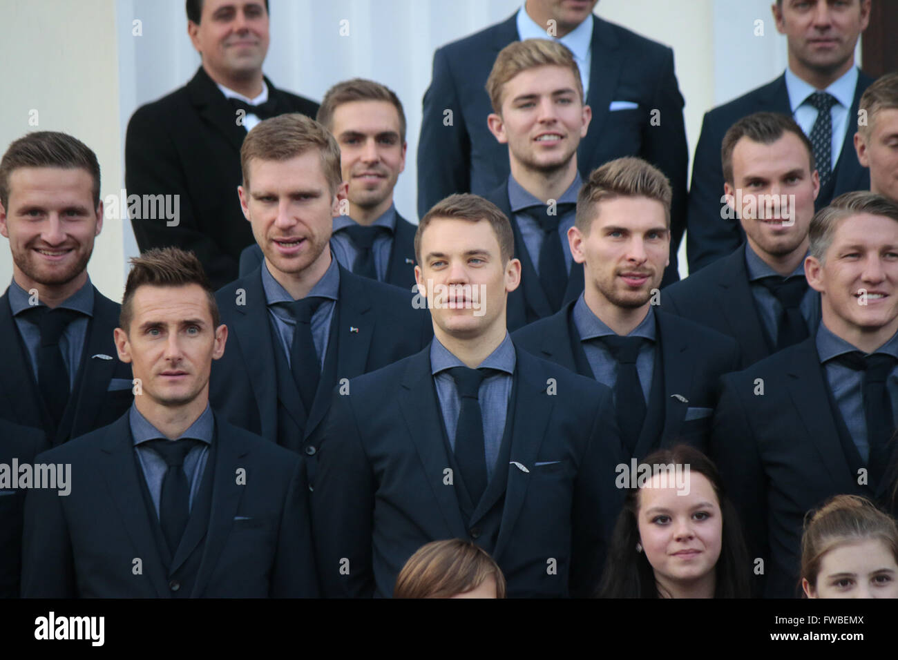 Shkodran Mustafi, Mirolslav Klose, Per Mertesacker, Philipp Lahm, Manuel Neuer, Christoph Kramer, Ron-Robert Zieler, Kevin Gross Foto Stock