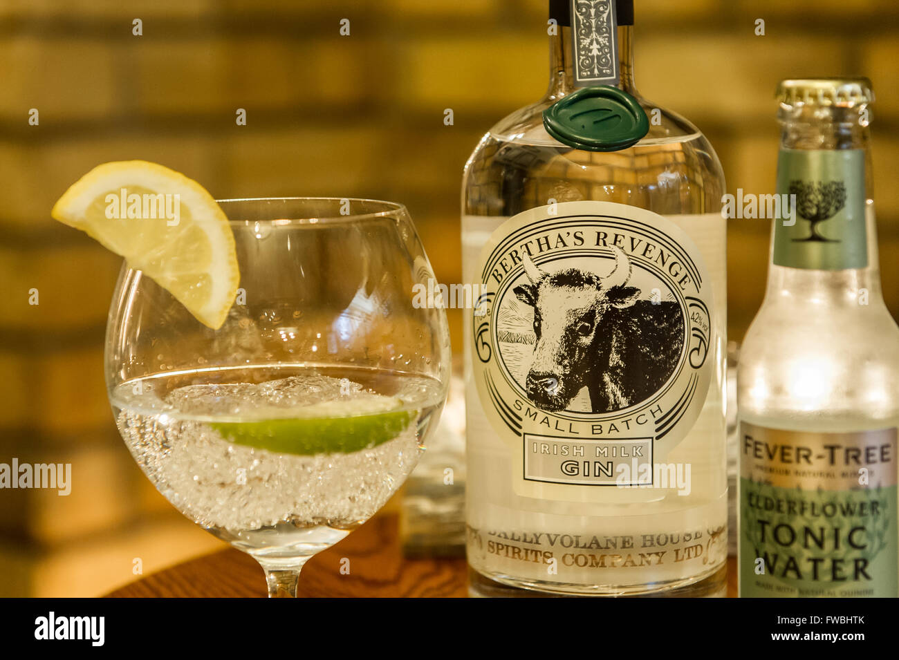 Bertha's Revenge Gin, febbre Tree acqua tonica e un bicchiere di gin con ghiaccio, lime e limone. Foto Stock