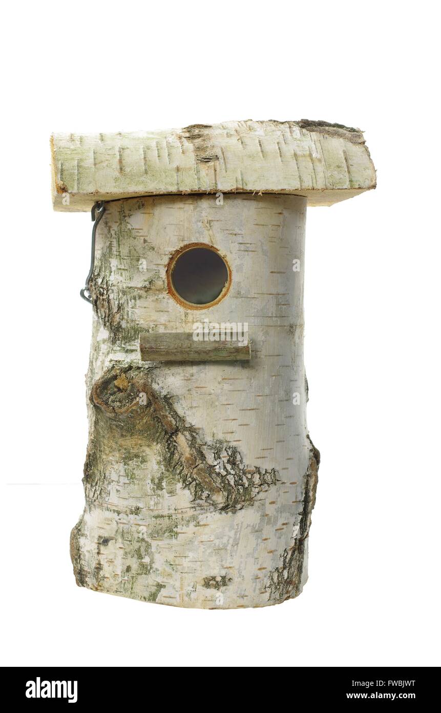 Scatola in legno bird su sfondo bianco Foto Stock