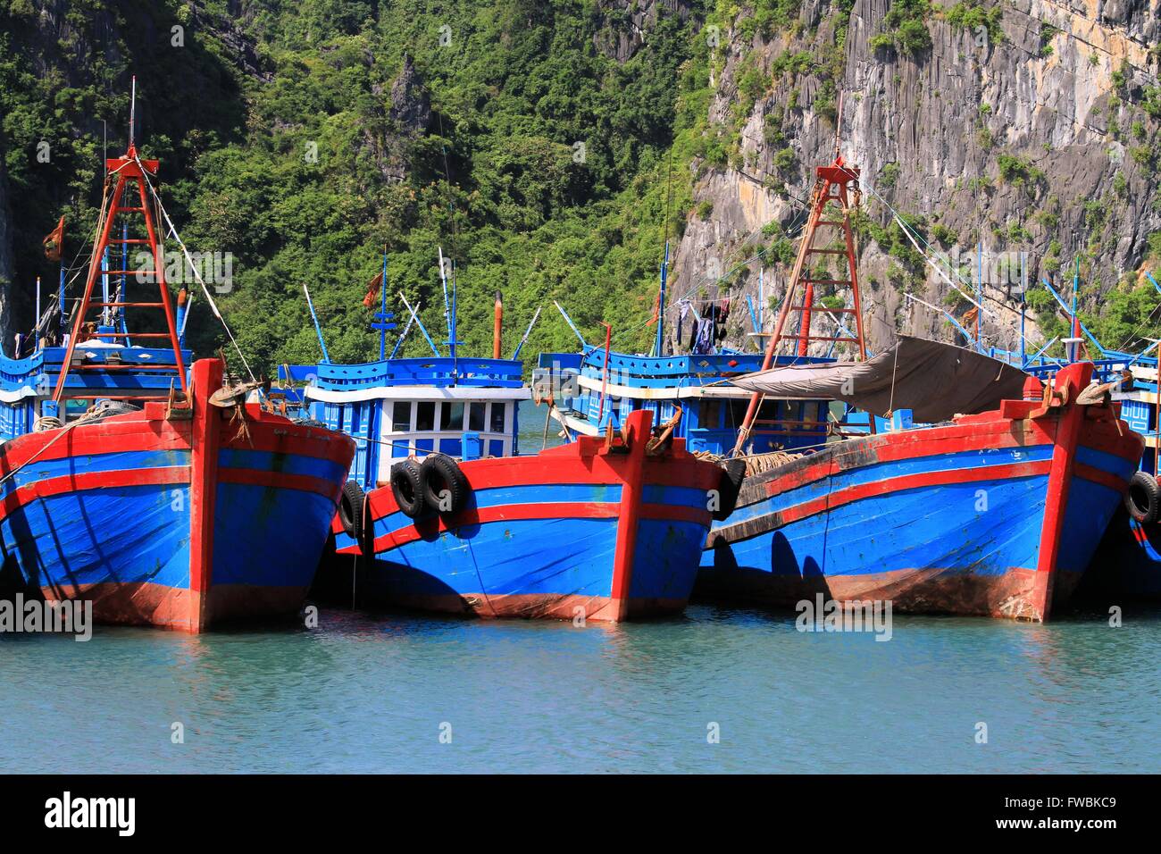 Barche da pesca, Halong Bay, Sito Patrimonio Mondiale dell'UNESCO, il Vietnam Asia Foto Stock