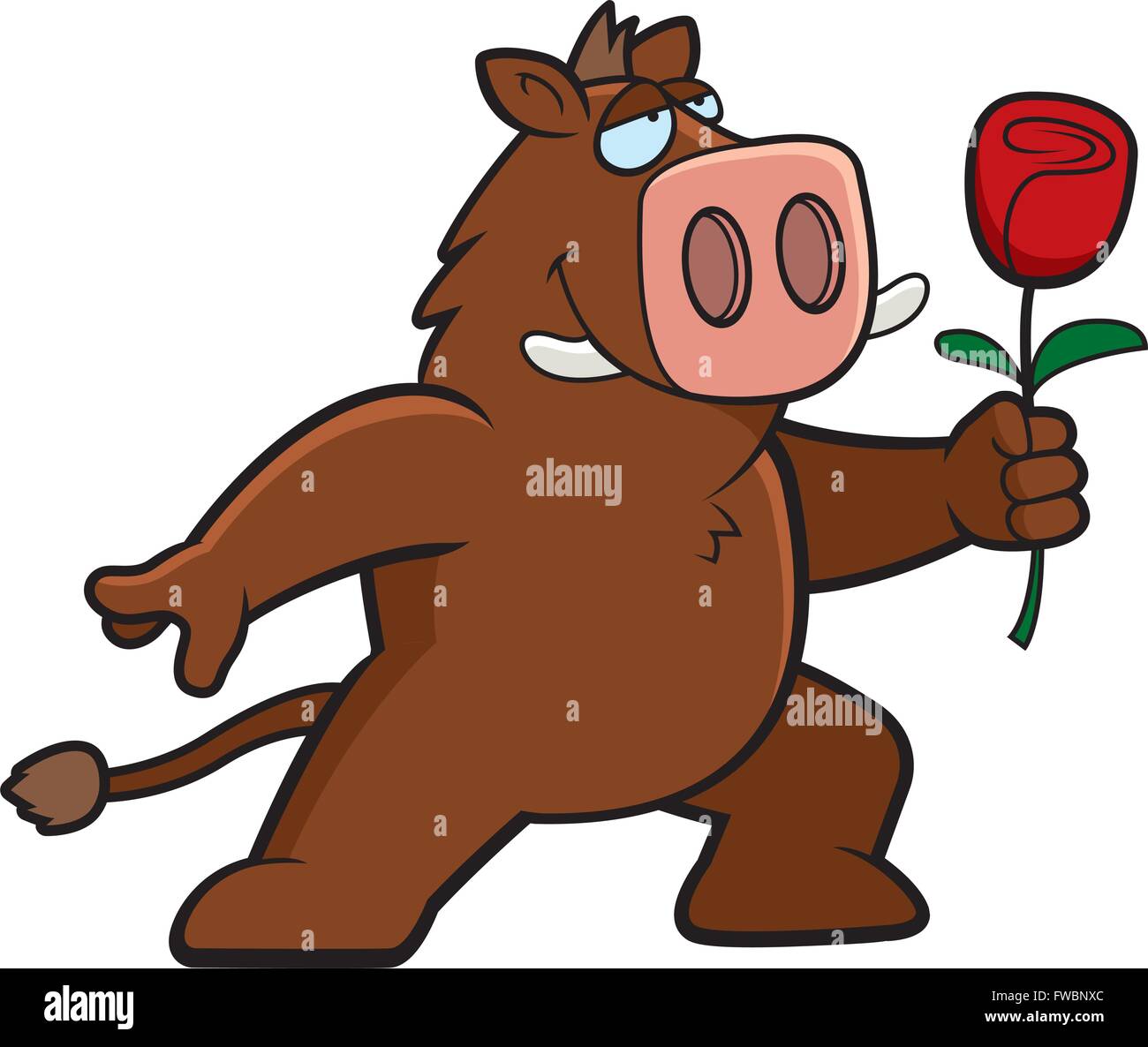 Un felice cartoon cinghiale con un fiore. Illustrazione Vettoriale