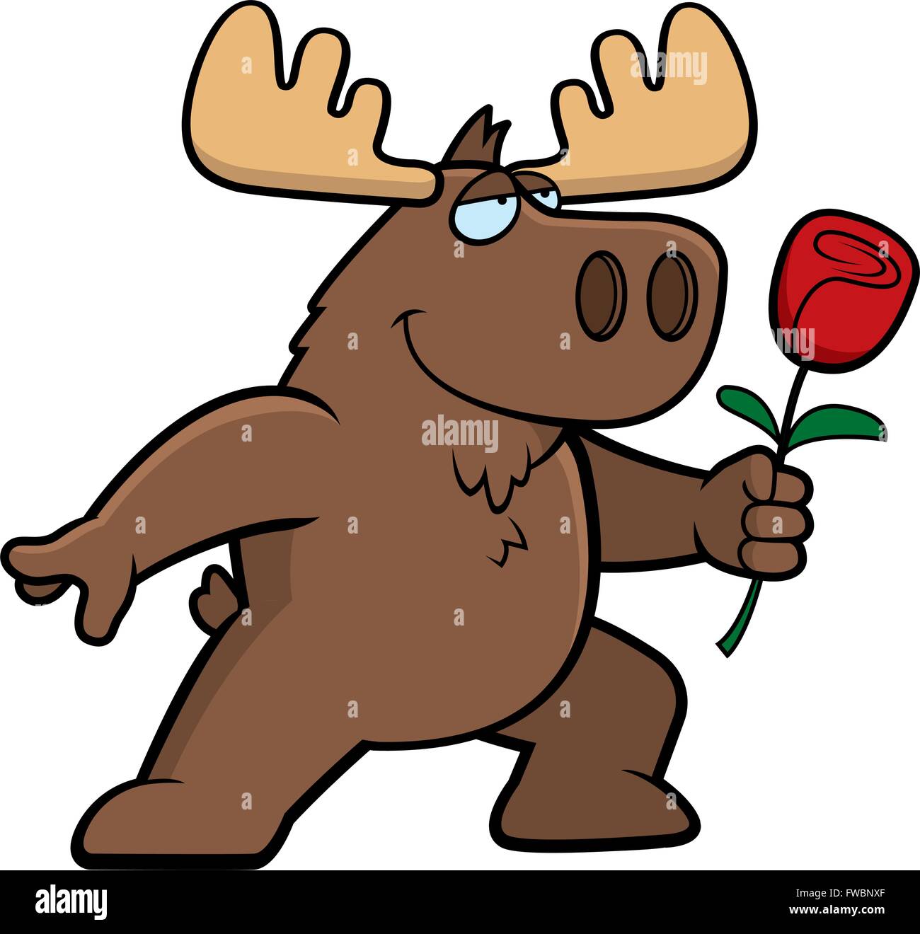 Un felice cartoon moose con un fiore. Illustrazione Vettoriale