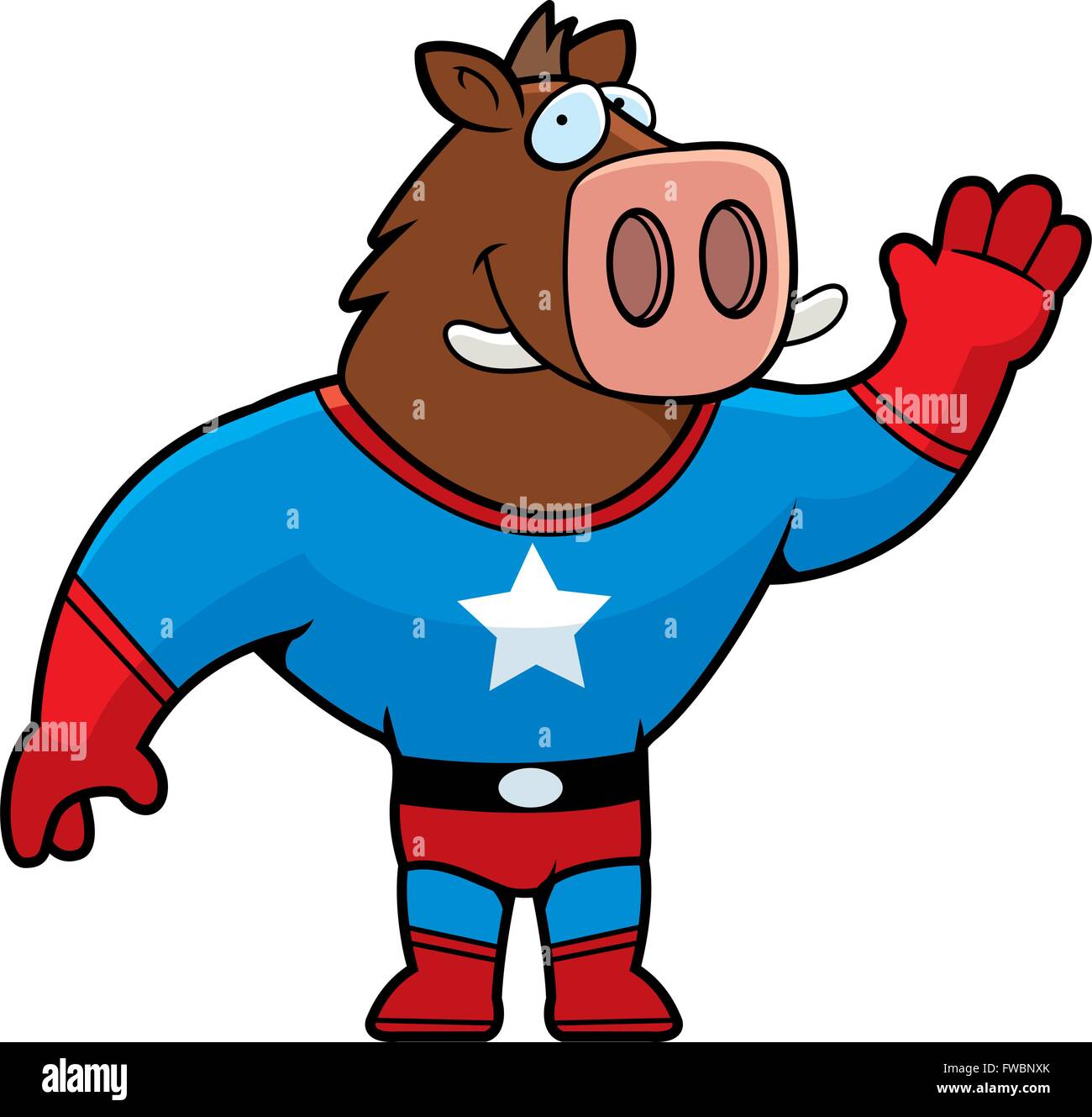 Un felice cartoon superhero cinghiale in un costume. Illustrazione Vettoriale