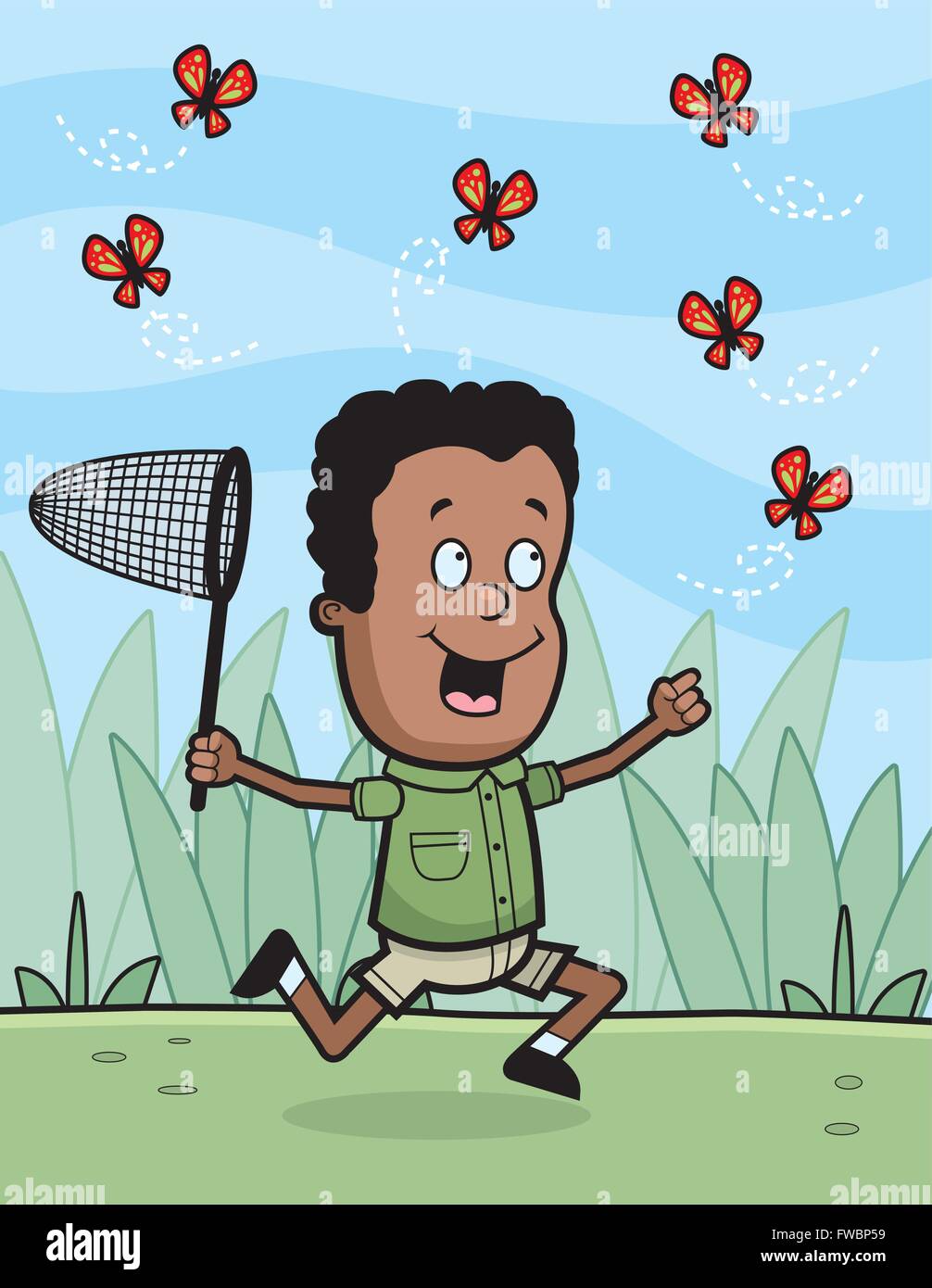 Un felice cartoon boy a caccia di farfalle. Illustrazione Vettoriale