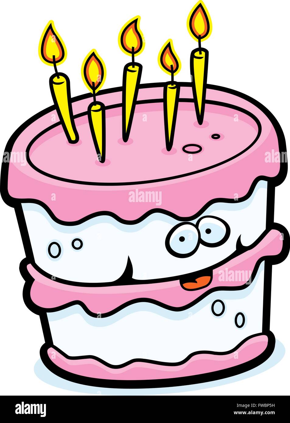 Un cartoon torta di compleanno felice e sorridente. Illustrazione Vettoriale