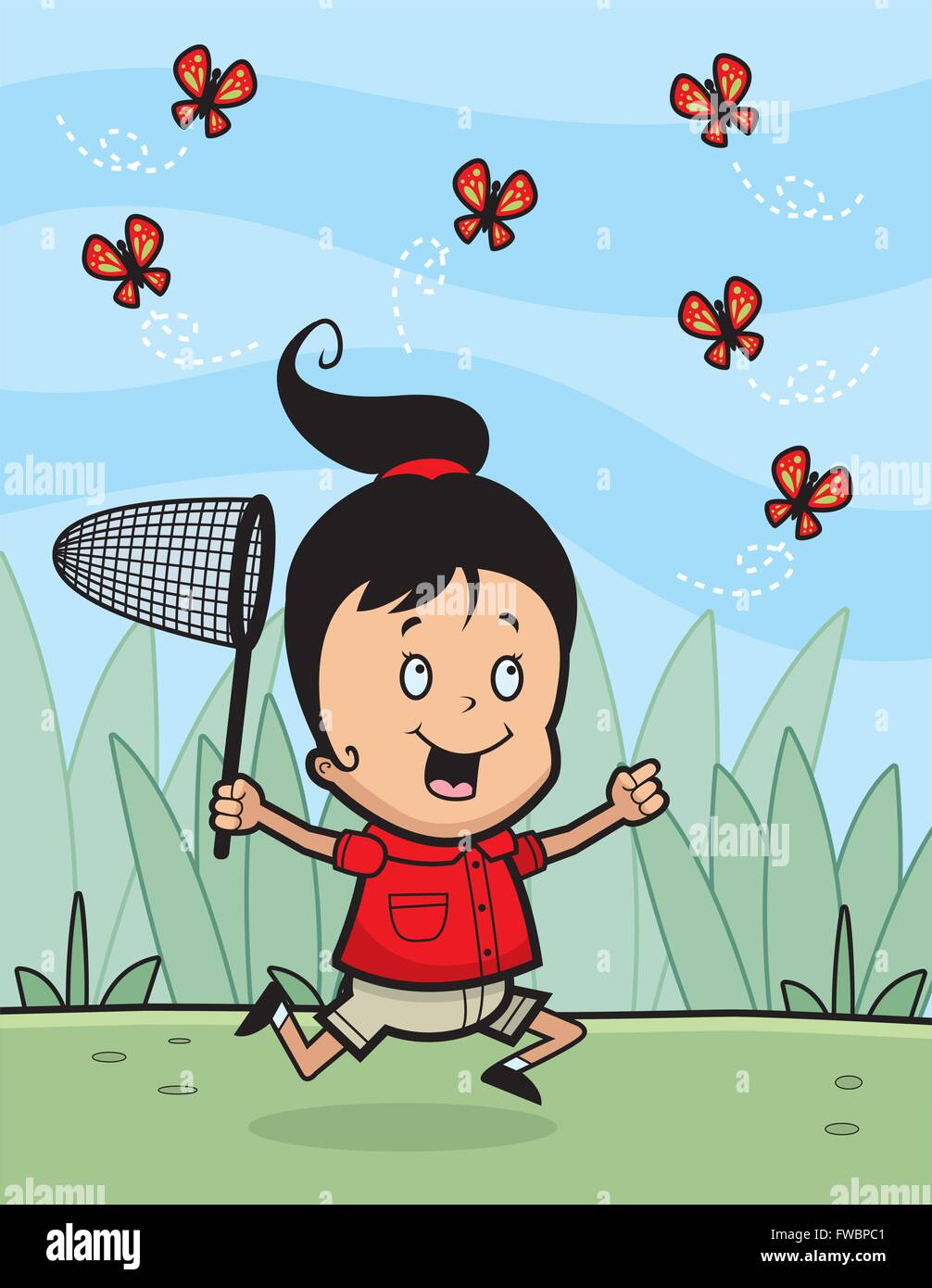 Un cartoon ragazza a caccia di farfalle con un net. Illustrazione Vettoriale