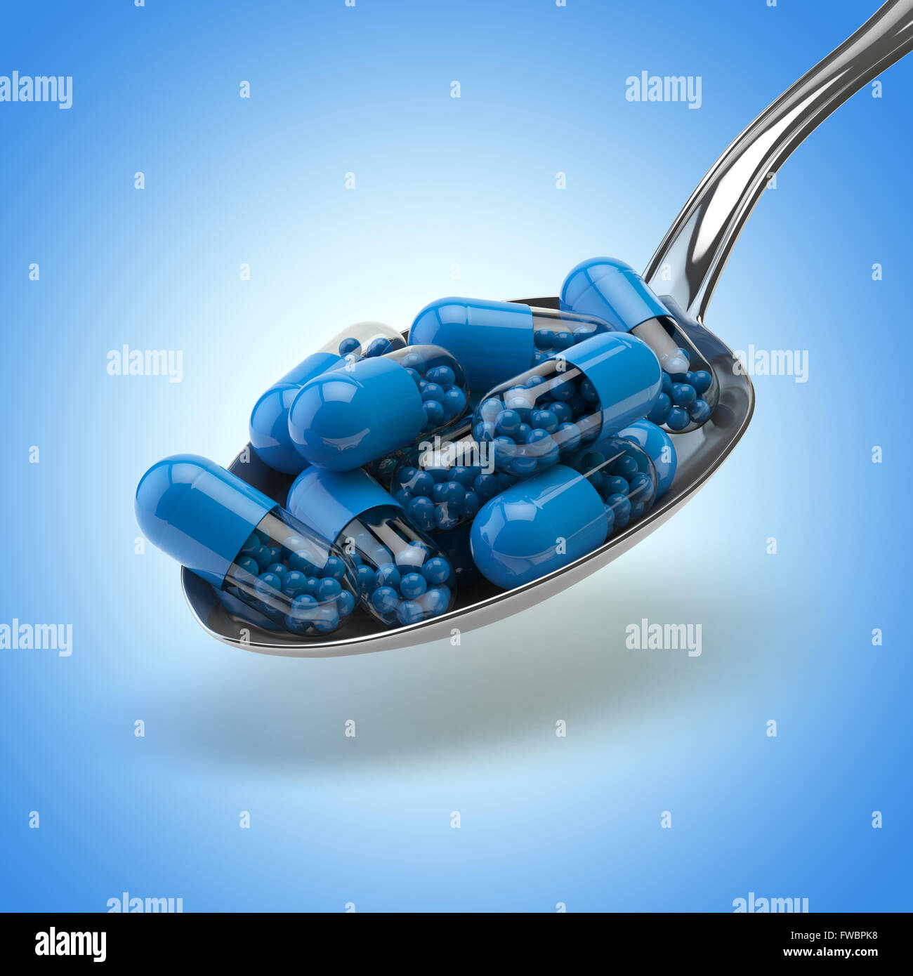 Il concetto di medicina. Cucchiaio colmo di capsule e pastiglie su sfondo blu. Medico di fondo.3d Foto Stock