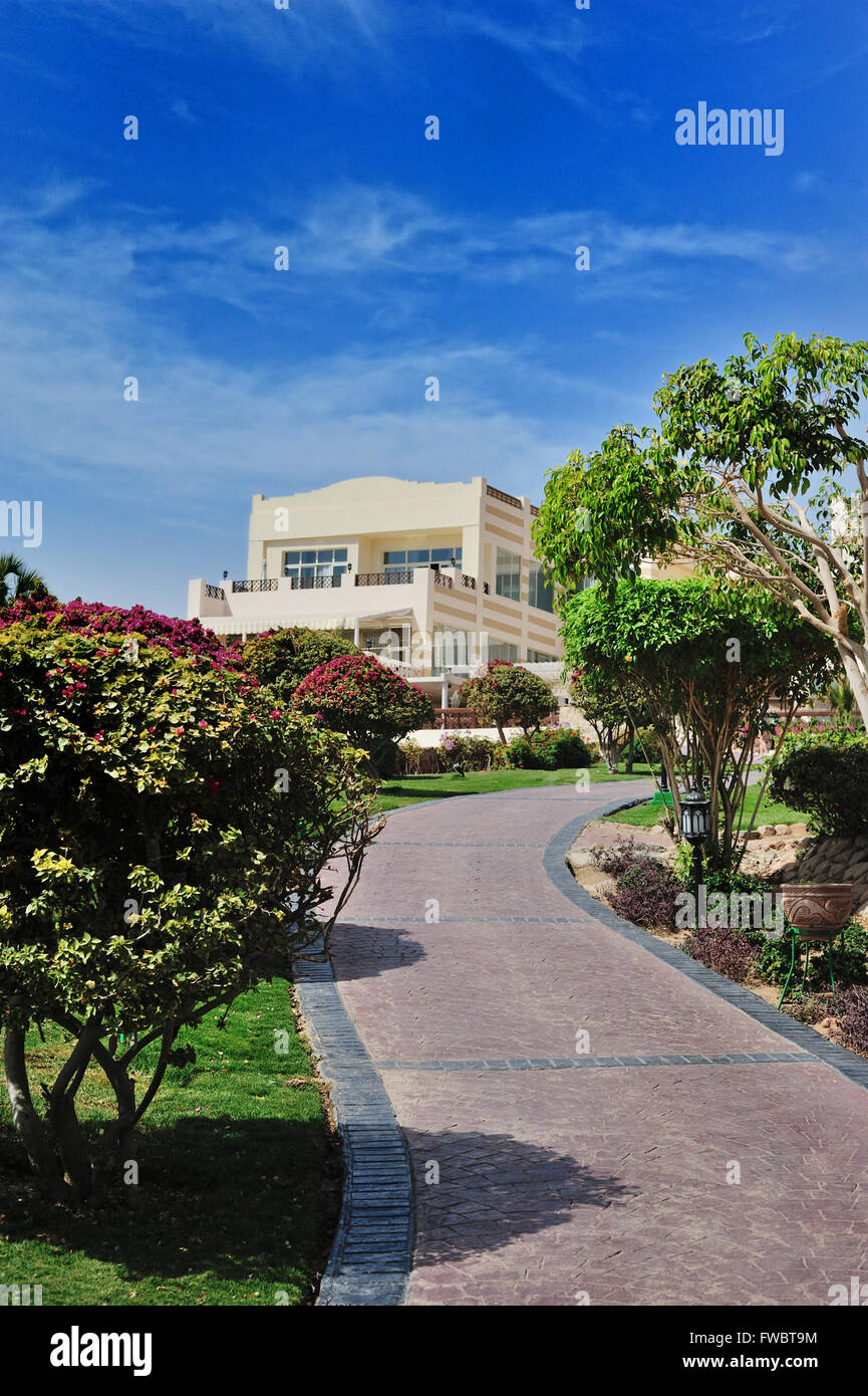 Palme e bungalow in hotel a Hurghada, Egitto Foto Stock
