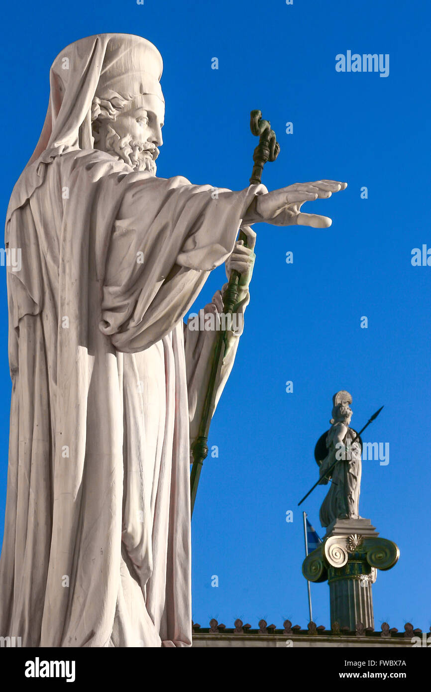 Statua di arcivescovo di Grecia Damaskinos, Atene Foto Stock