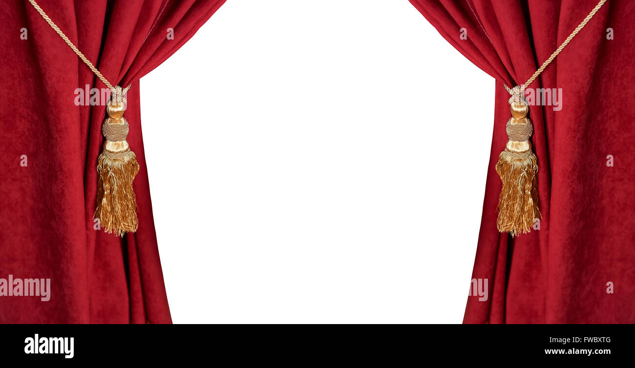 Lusso tenda rossa con un fiocco e la corda isolato su bianco Foto Stock