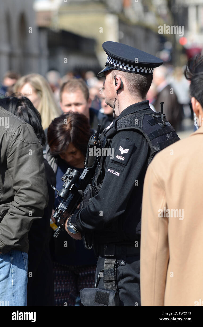 Il poliziotto armato di Londra con i turisti al di fuori di Horse Guards in Whitehall. Persone. Persona. Maschio di funzionario di polizia per la sicurezza affollata di turisti Foto Stock