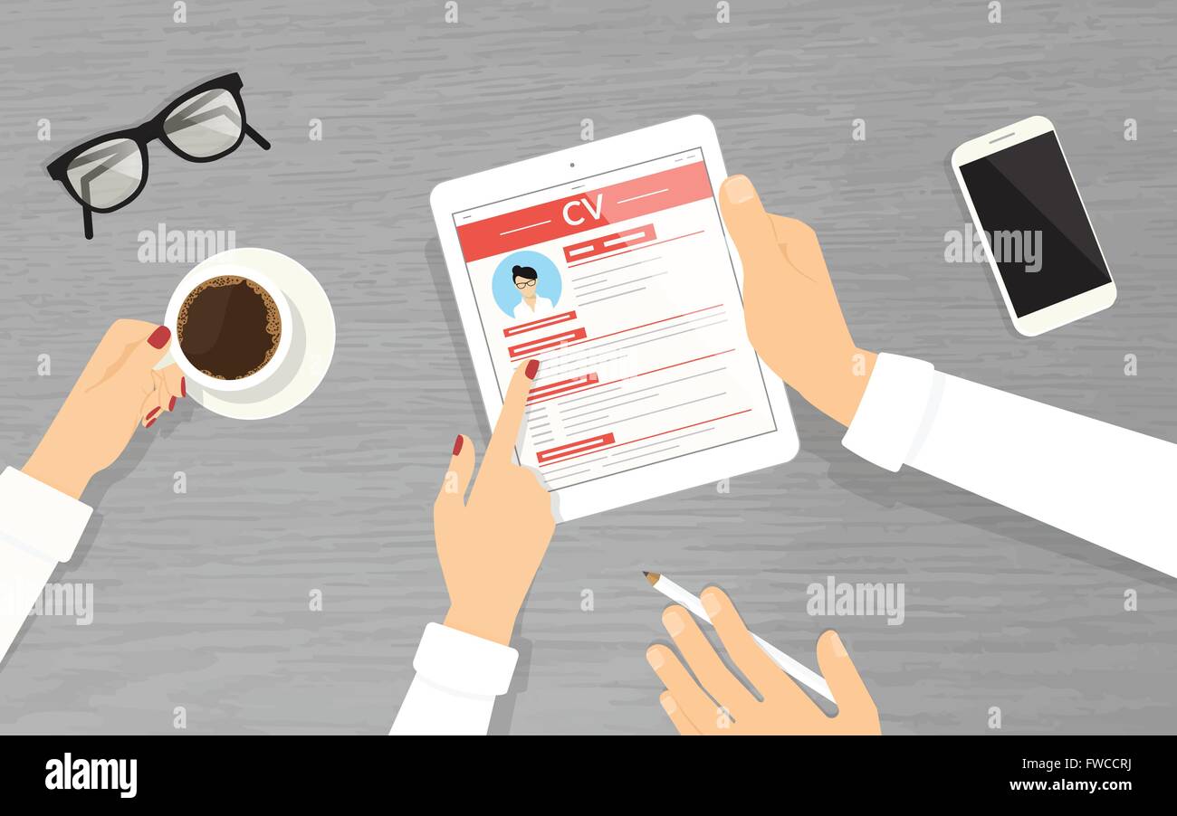I manager delle risorse umane la ricerca di un dipendente utilizzando tablet pc in ufficio Illustrazione Vettoriale