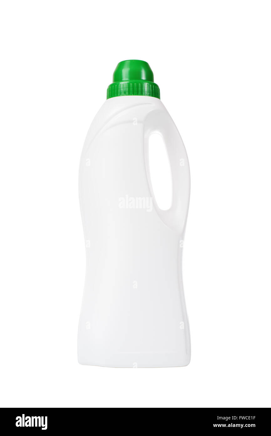 Ammorbidente in bottiglia di plastica bianca isolata su sfondo bianco. Bottiglia di liquido detergente per lavanderia, agente di pulizia, Leach o Fa Foto Stock