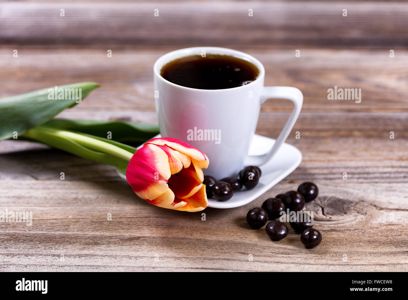 Single tulip davanti a una tazza di caffè e cioccolato fondente in legno rustico. Il fuoco selettivo sulla parte anteriore del fiore. Foto Stock