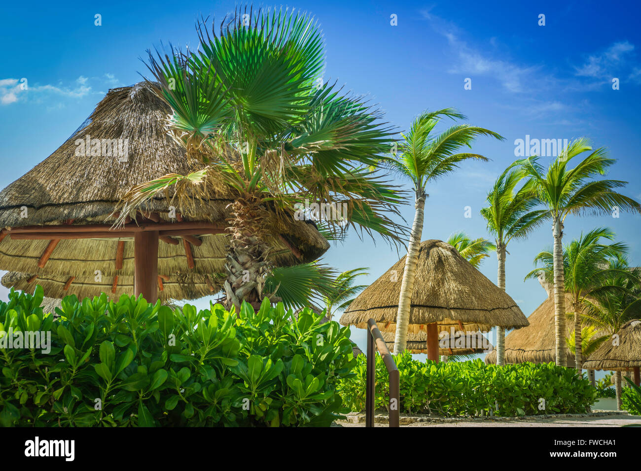 Ombrello cabanas sulla spiaggia Foto Stock