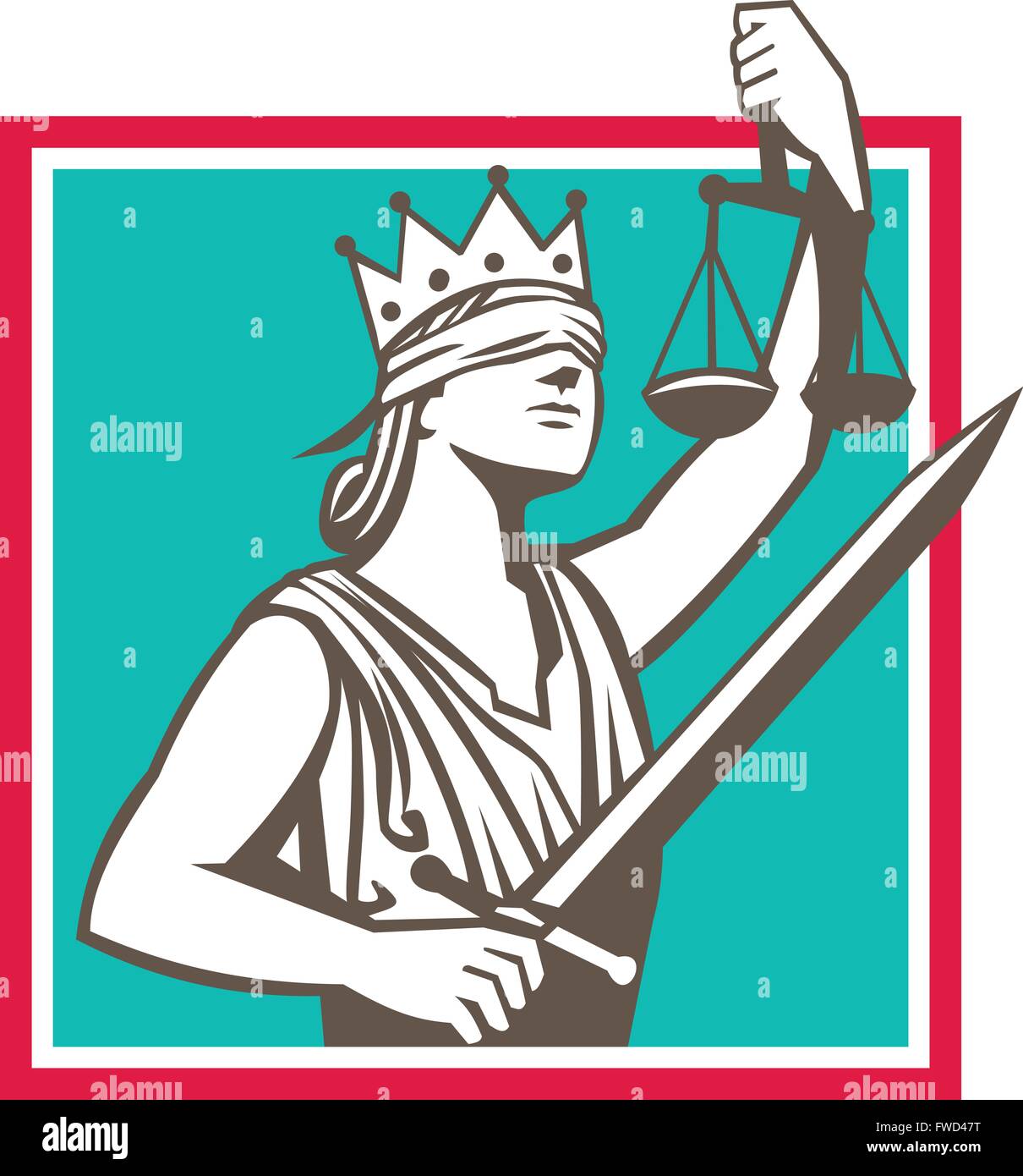 Illustrazione di una signora della giustizia con la corona e gli occhi bendati la spada e sollevamento scale imposta all'interno di forma quadrata fatto in stile retrò. Illustrazione Vettoriale