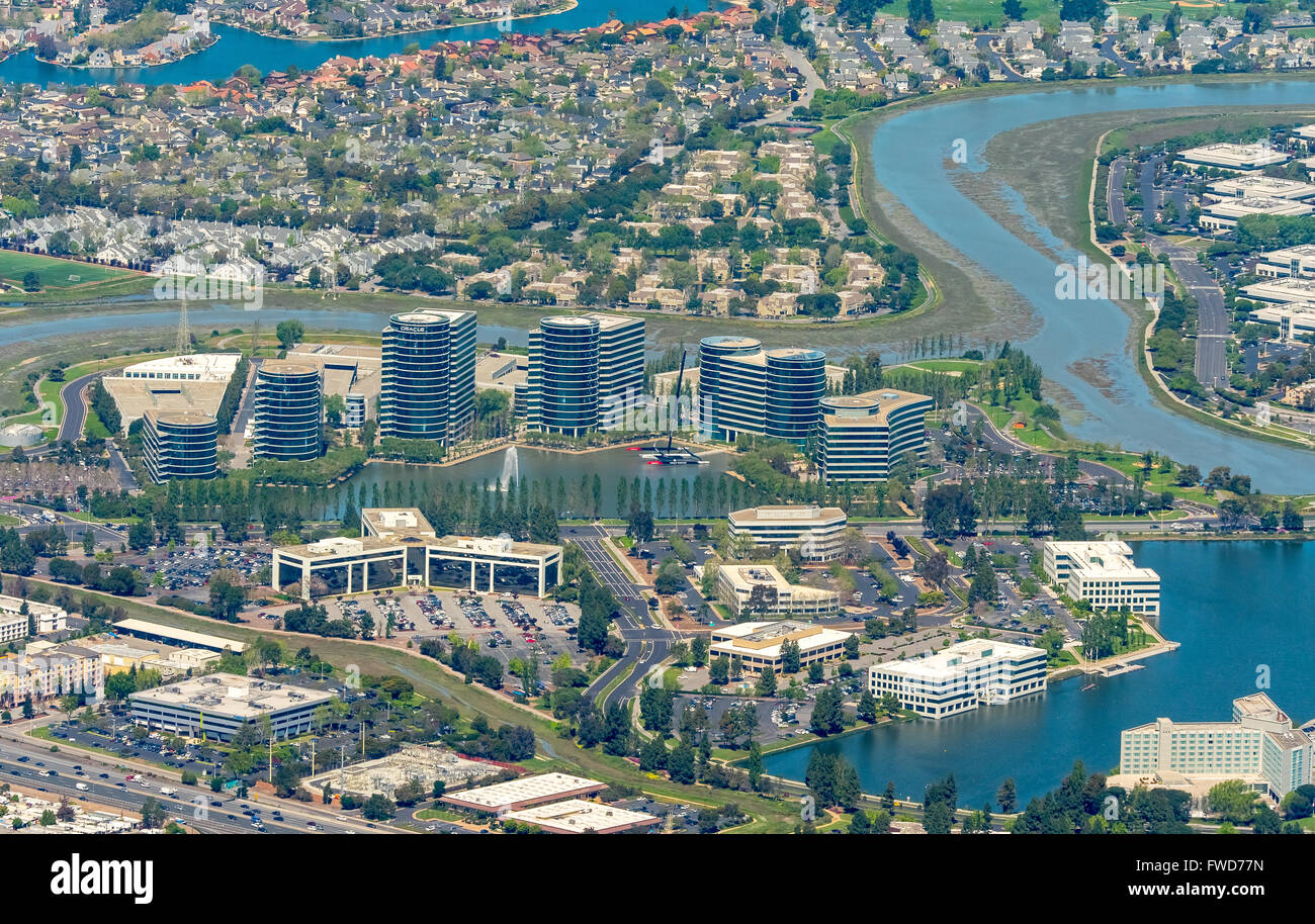Oracle presso la sede centrale a Redwood Shores, Silicon Valley, California, Stati Uniti d'America, Santa Clara, California, antenna Foto Stock