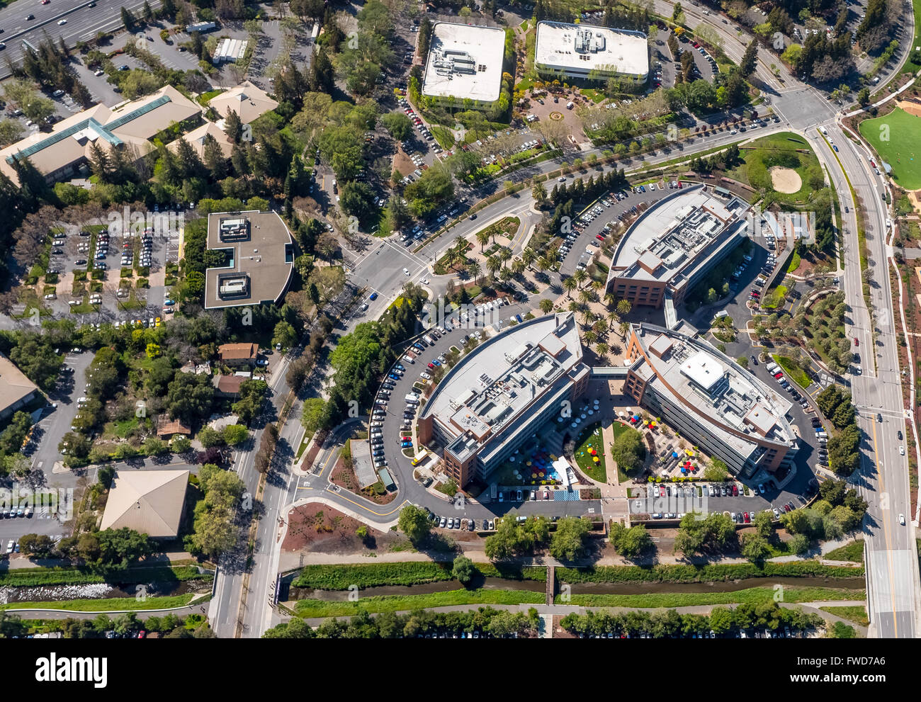 La sede centrale di Google Googleplex, Silicon Valley, California, Stati Uniti d'America, Santa Clara, California, USA, foto aeree Foto Stock