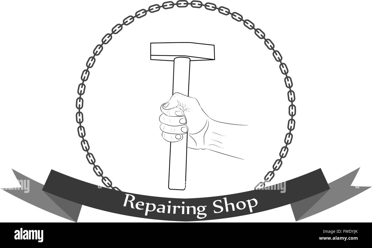 Officina di riparazione mano con un martello il logo. Illustrazione Vettoriale