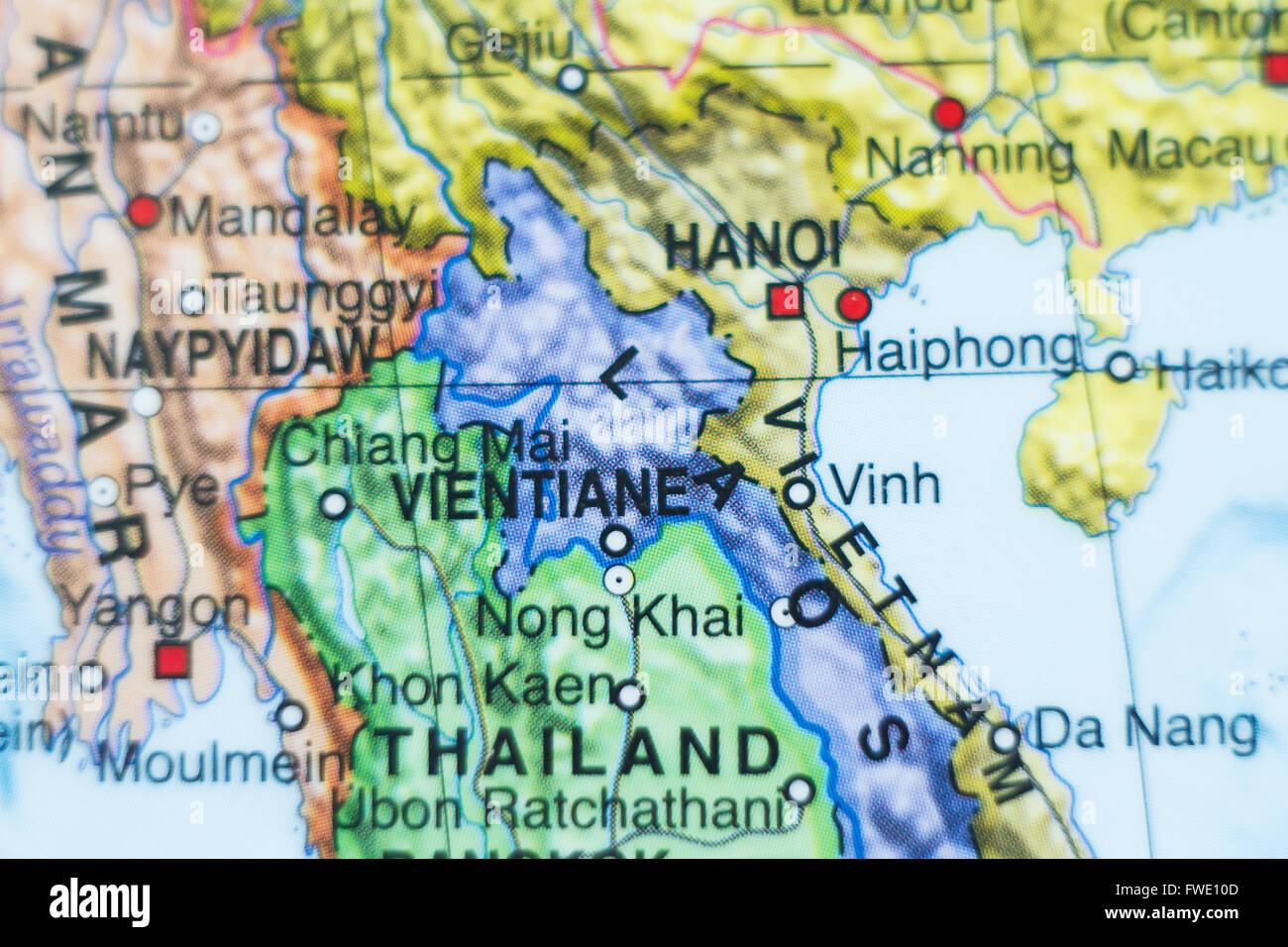 Foto di una mappa di Laos e la capitale Vientiane . Foto Stock