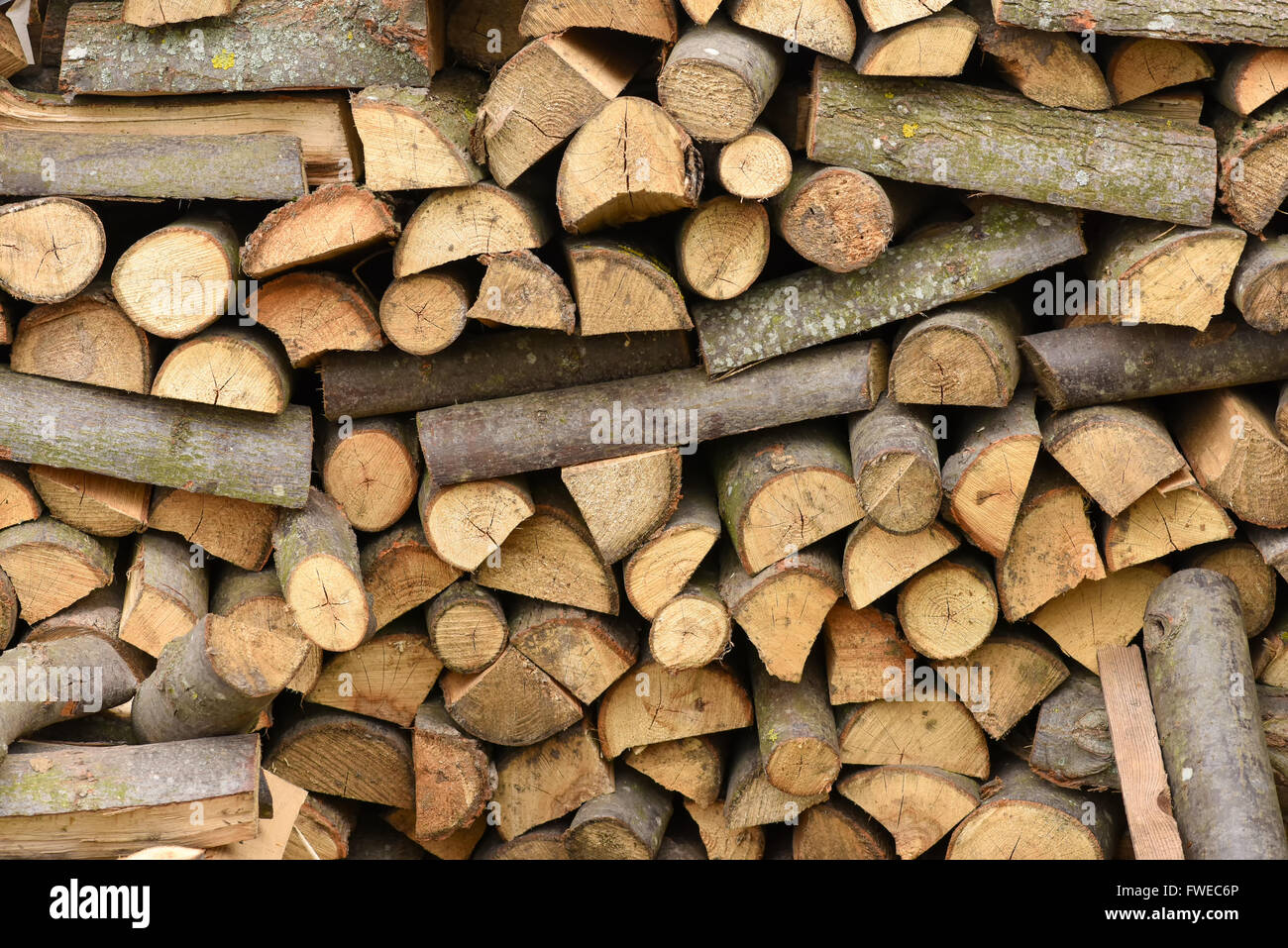 Un mucchio di legna da ardere impilati in luce naturale Foto Stock