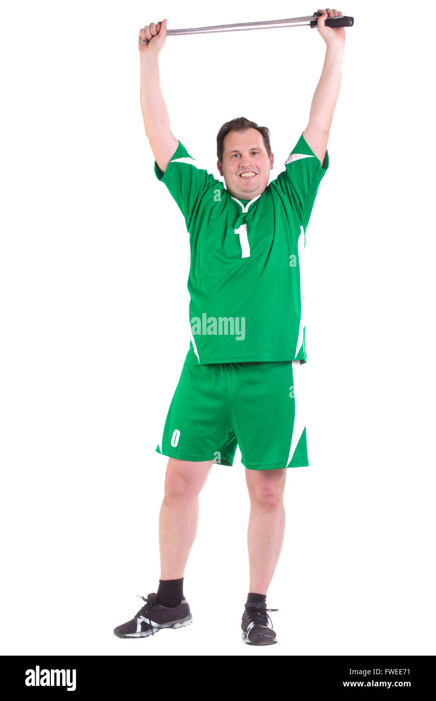 Uomo adulto in sport divisa verde con la corda, isolato su bianco Foto Stock