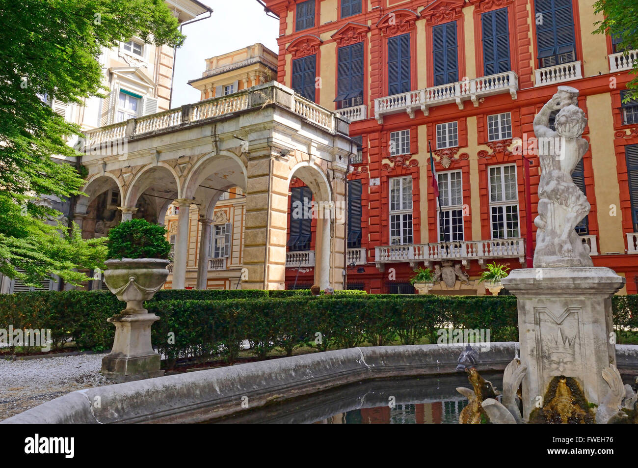 Il giardino di Palazzo Nicolò Grimaldi Palace, Via Garibaldi 9, patrimonio mondiale UNESCO sito, Strade Nuove, Palazzi Rolli, Genova Foto Stock