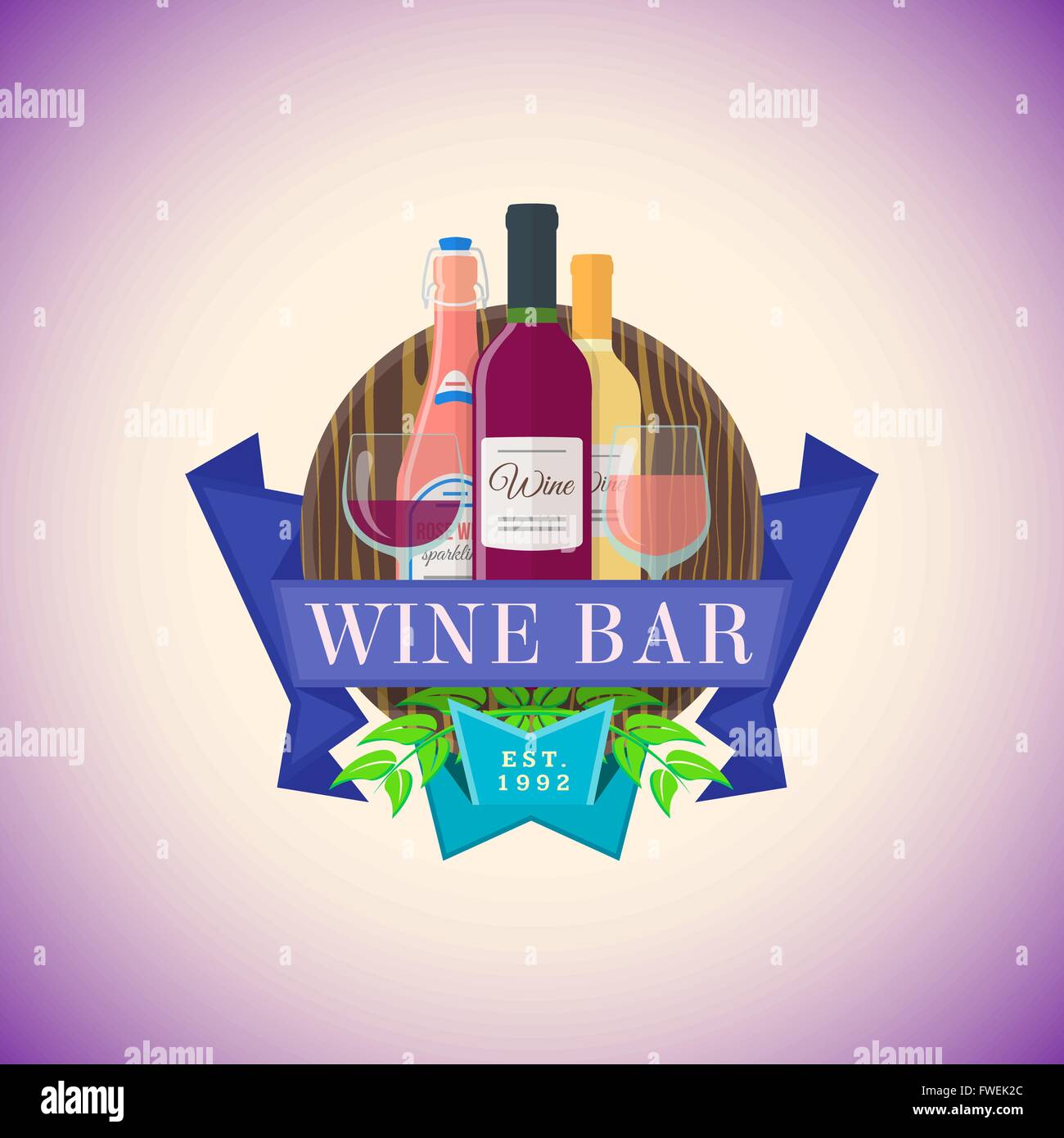 Vector colorato design piatto wine bar segno modello con rose scintillante bianco e bottiglie di vino rosso e vari bicchieri su legno t Illustrazione Vettoriale