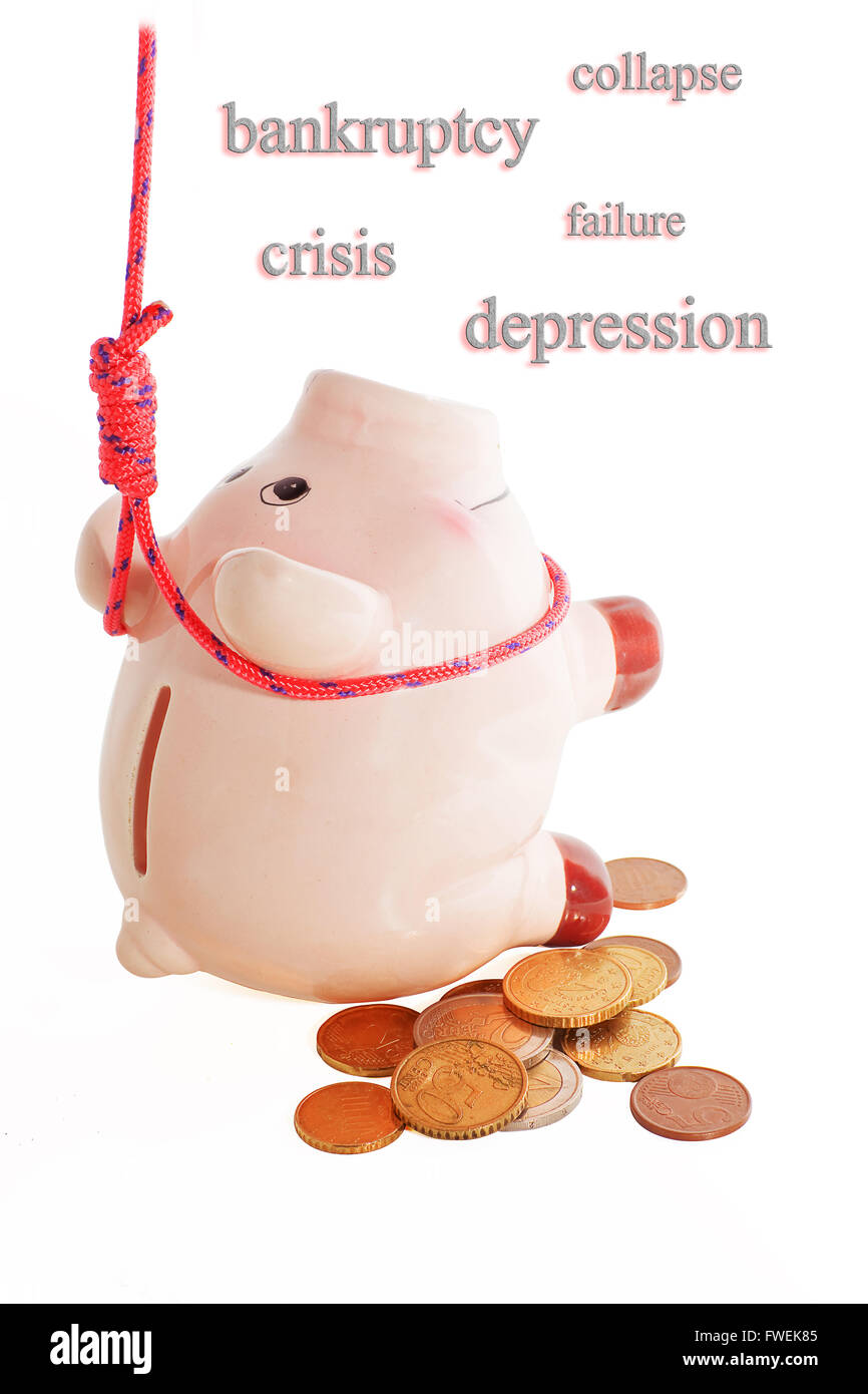 Il suicidio di piggybank, metafora della crisi finanziaria Foto Stock