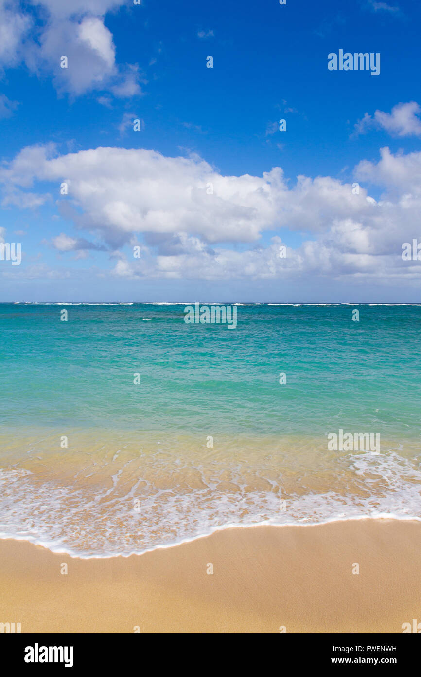 Bella tropical blu verde acqua e una spiaggia di sabbia bianca sulla costa nord di Oahu nelle Hawaii. Questa immagine mostra parad tropicale Foto Stock