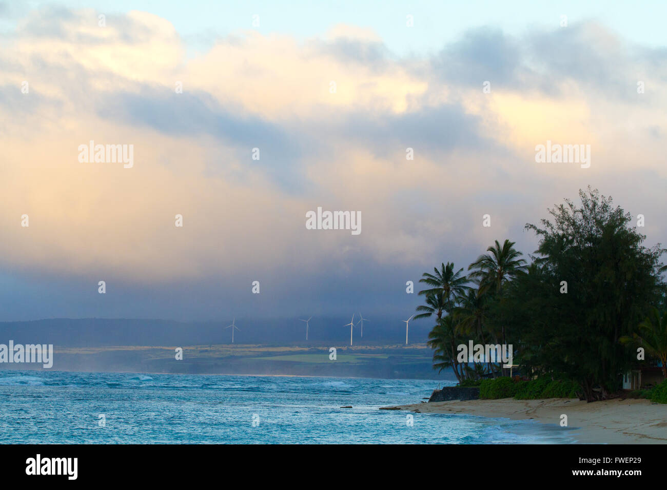 L'isola tropicale di Oahu Hawaii ospita questo enorme parco eolico appena oltre le onde della North Shore. Queste turbine eoliche produ Foto Stock