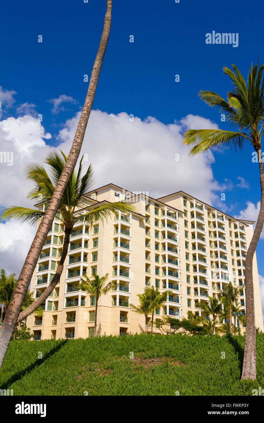 Palme stand di fronte a questo tempo bellissimo condividere condo hotel costruzione sull'isola di Oahu Hawaii. Questo resort si trova in un tr Foto Stock