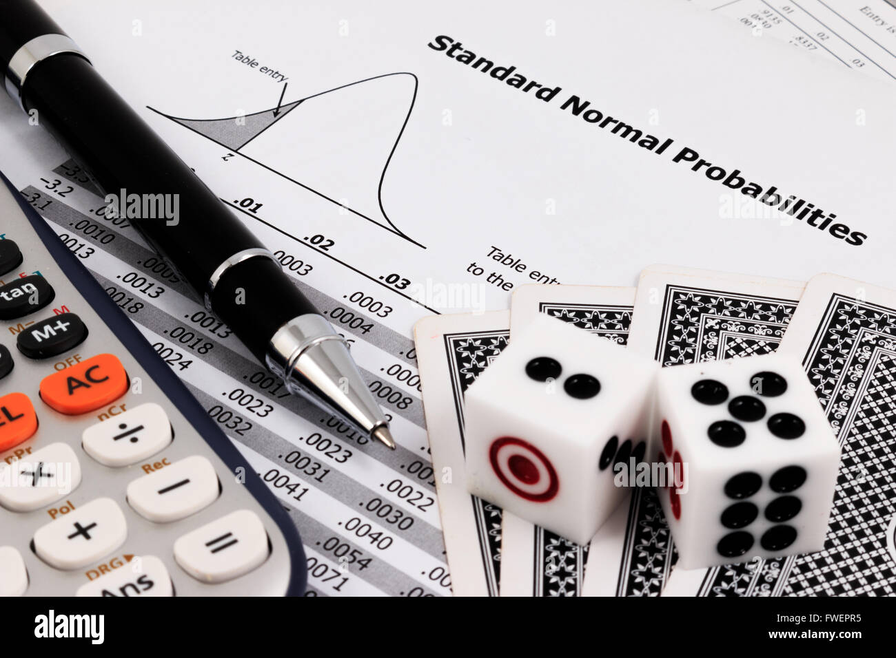 Gioco di carte, calcolatrice, dadi e penna su standard normale probalilities tabella. Foto Stock