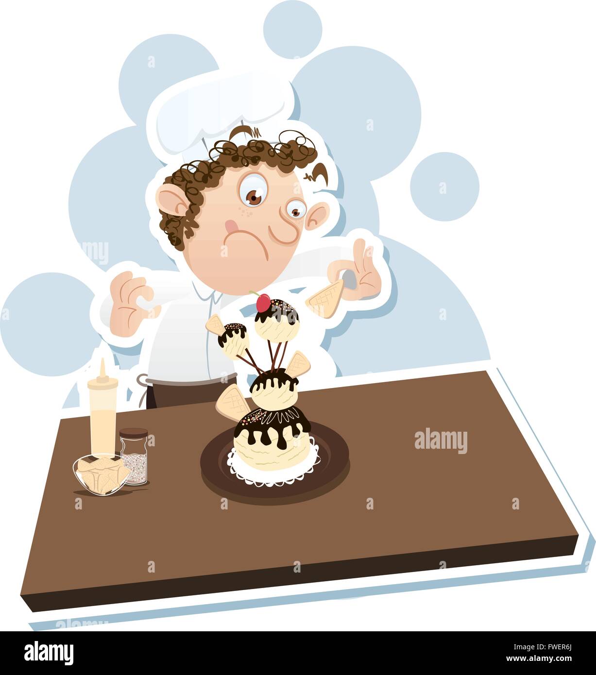 Maschio cartoon pasticcere decorare strana forma torta. Illustrazione Vettoriale