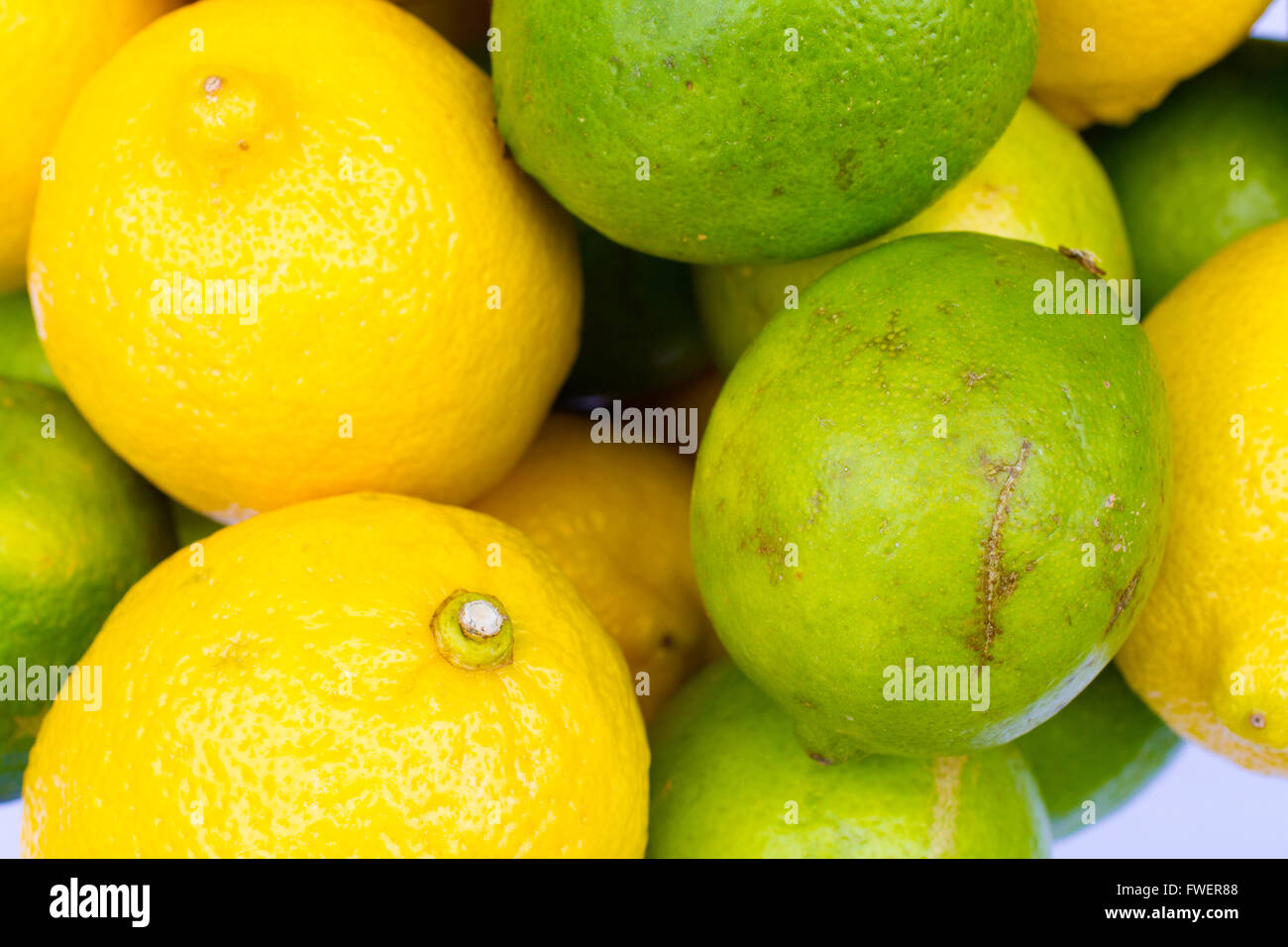 Il giallo dei limoni sedere insieme con il verde lime come decorazioni frutta pratagoniste a un matrimonio. Foto Stock