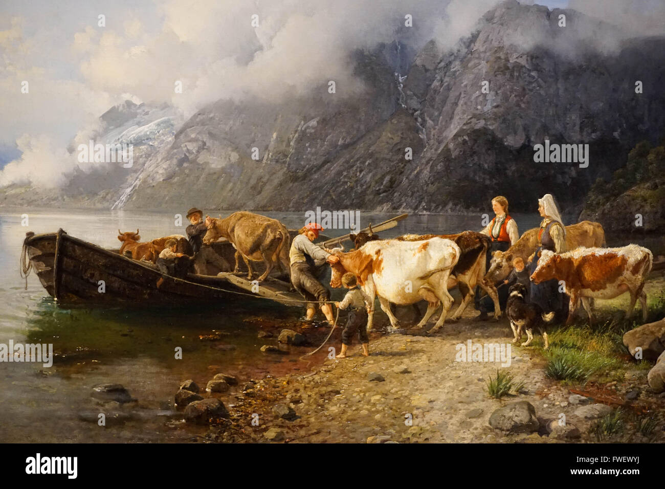 Paesaggio del fiordo con allevamento di bestiame da Anders Askevold, KODE 3 Art Museum, Bergen Hordaland, Norvegia, Scandinavia, Europa Foto Stock