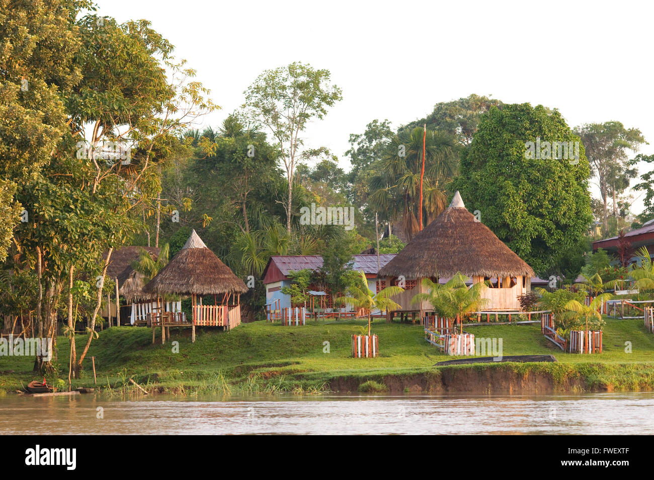 La foresta pluviale amazzonica: spedizione in barca lungo il fiume del Amazon vicino a Iquitos, Loreto, Perù. Navigazione uno dei tributari di th Foto Stock