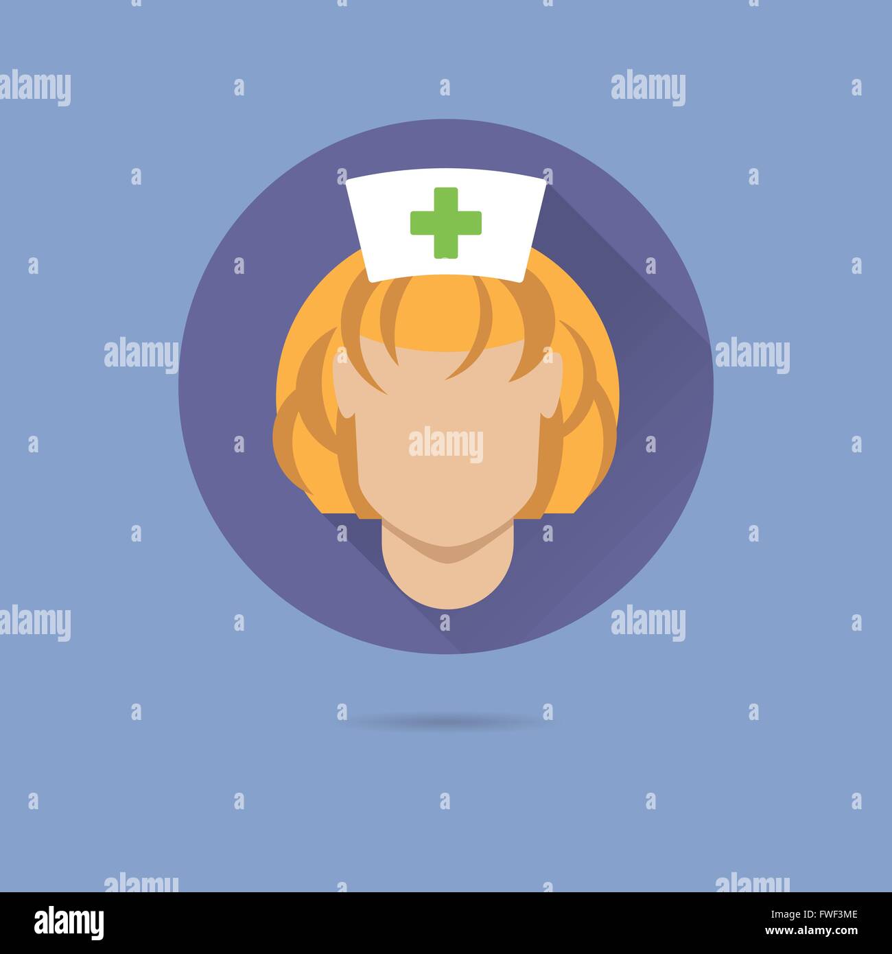 Infermiere design piatto lungo ombra icona vettore in cerchio pastello su sfondo blu Illustrazione Vettoriale
