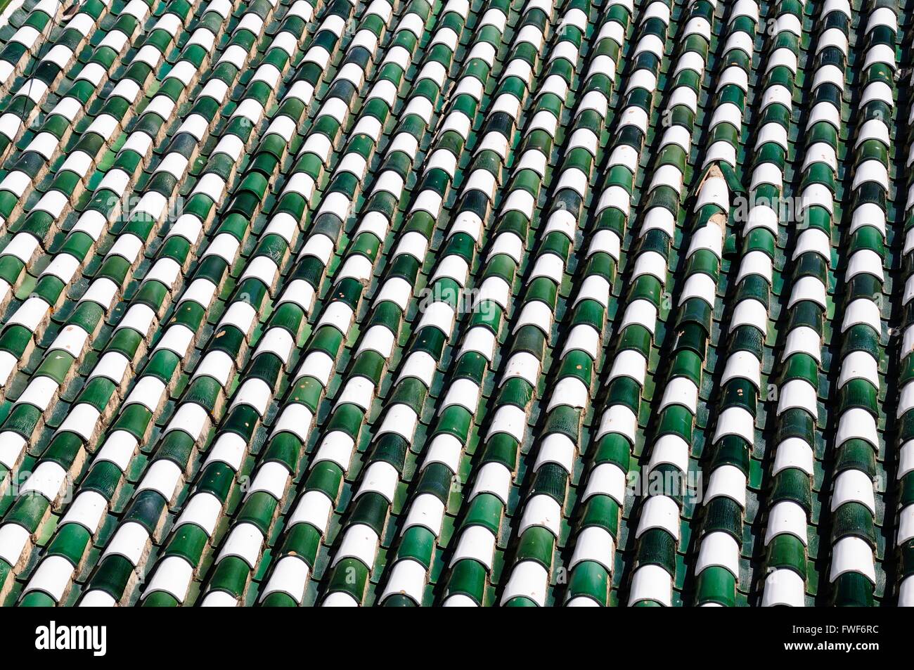 Verde e bianco tegole del tetto del Municipio Canillas de Albaida Andalusia Spagna Foto Stock