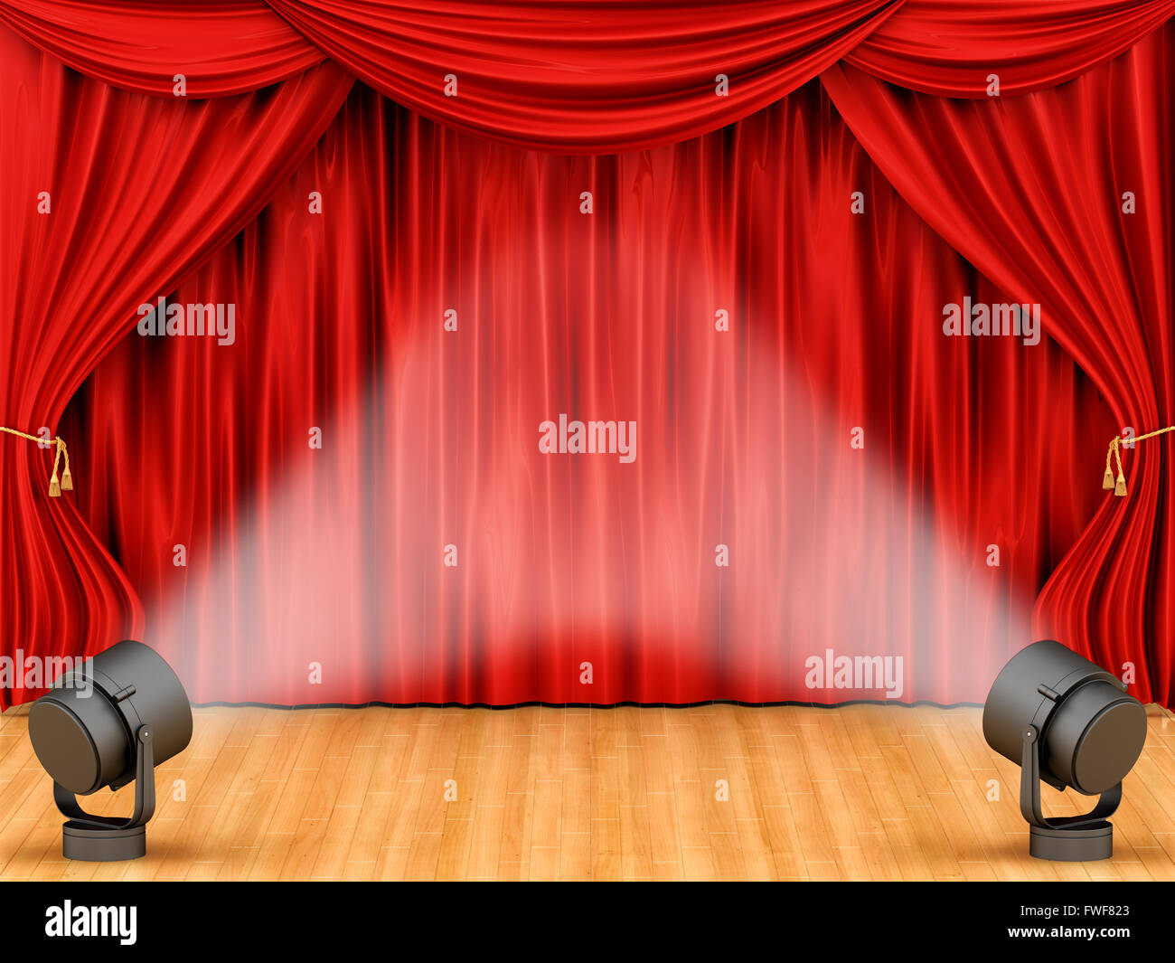 Tendaggi rossi con luci da palco Foto Stock