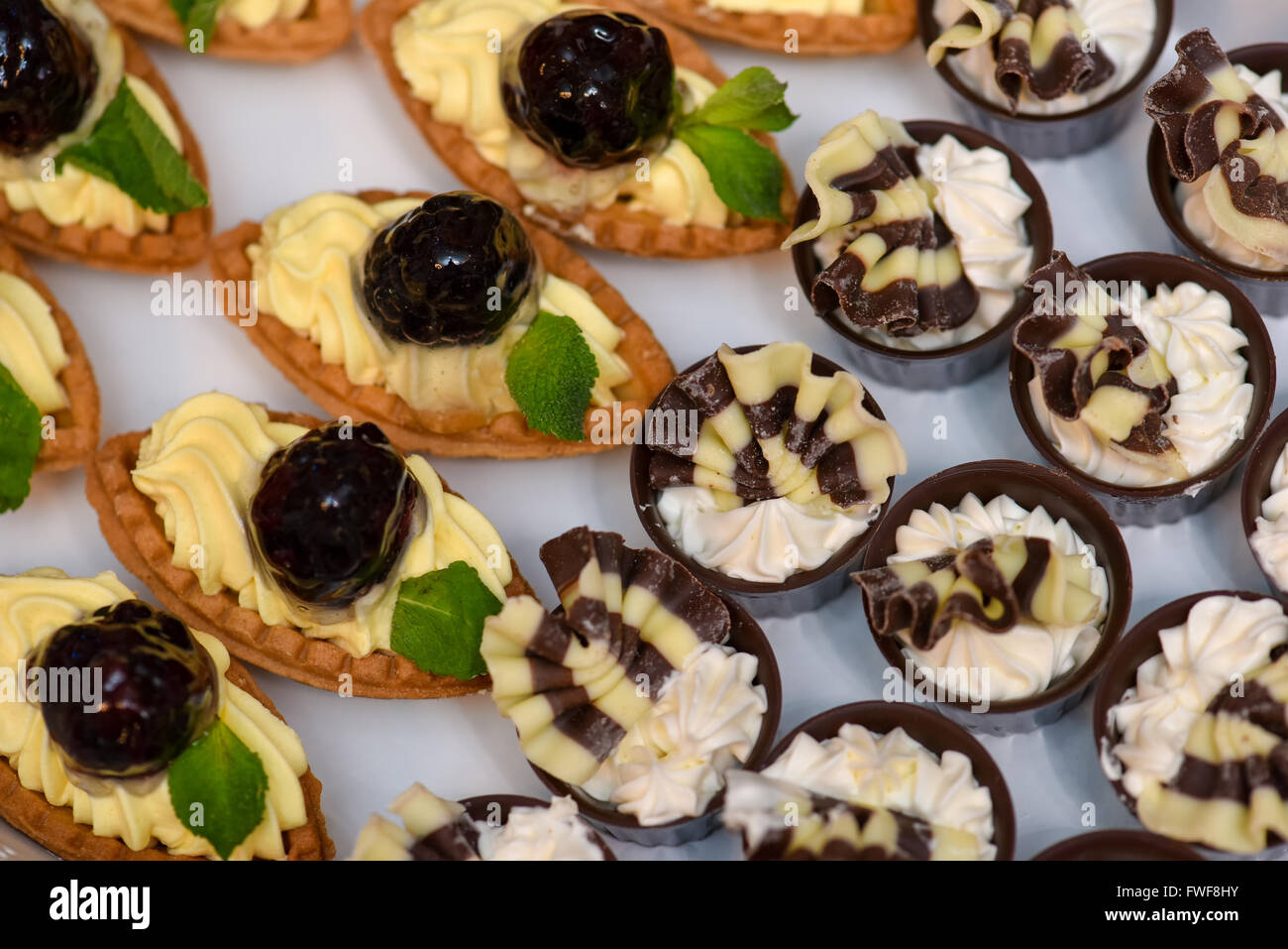 Tortini di vaniglia con lampone sulla parte superiore e un altro con vaniglia e cioccolato Foto Stock