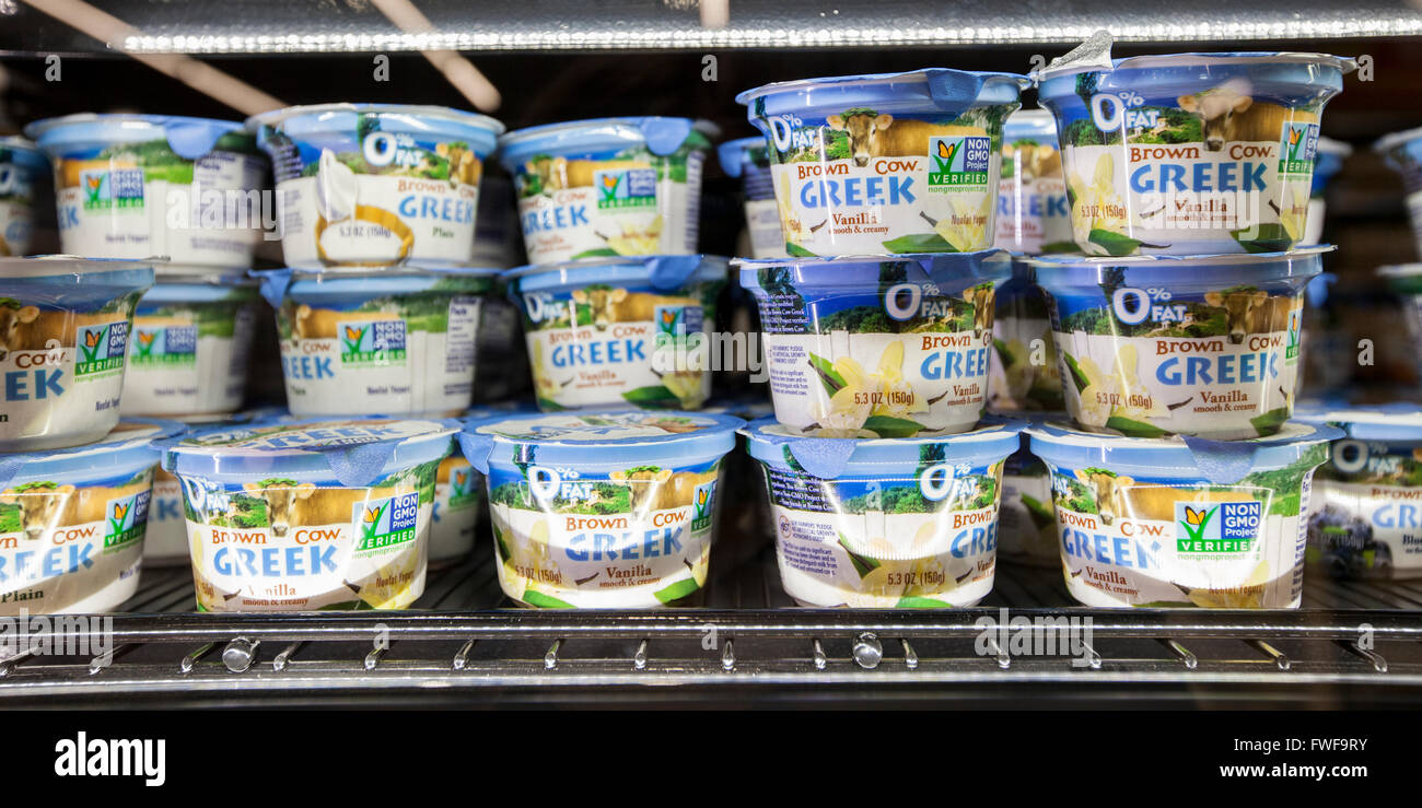 Mucca marrone marca lo yogurt greco in una latteria caso di un negozio di alimentari Foto Stock