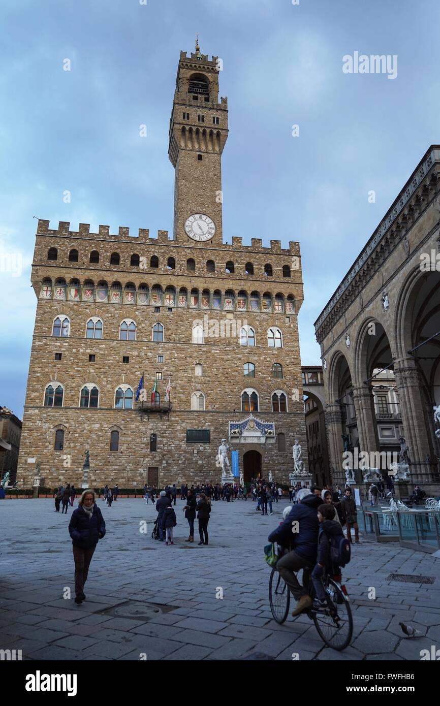 Italia: Palazzo Vecchio (municipio) in Piazza della Signoria a Firenze. Foto da 19. Febbraio 2016. Foto Stock