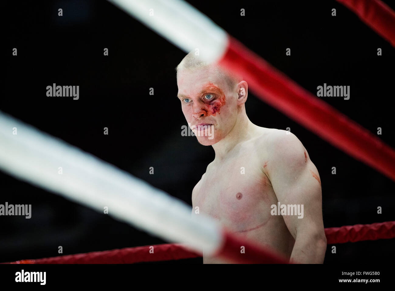 Fighter boxer volto insanguinato sorge in un angolo dell'anello Foto Stock